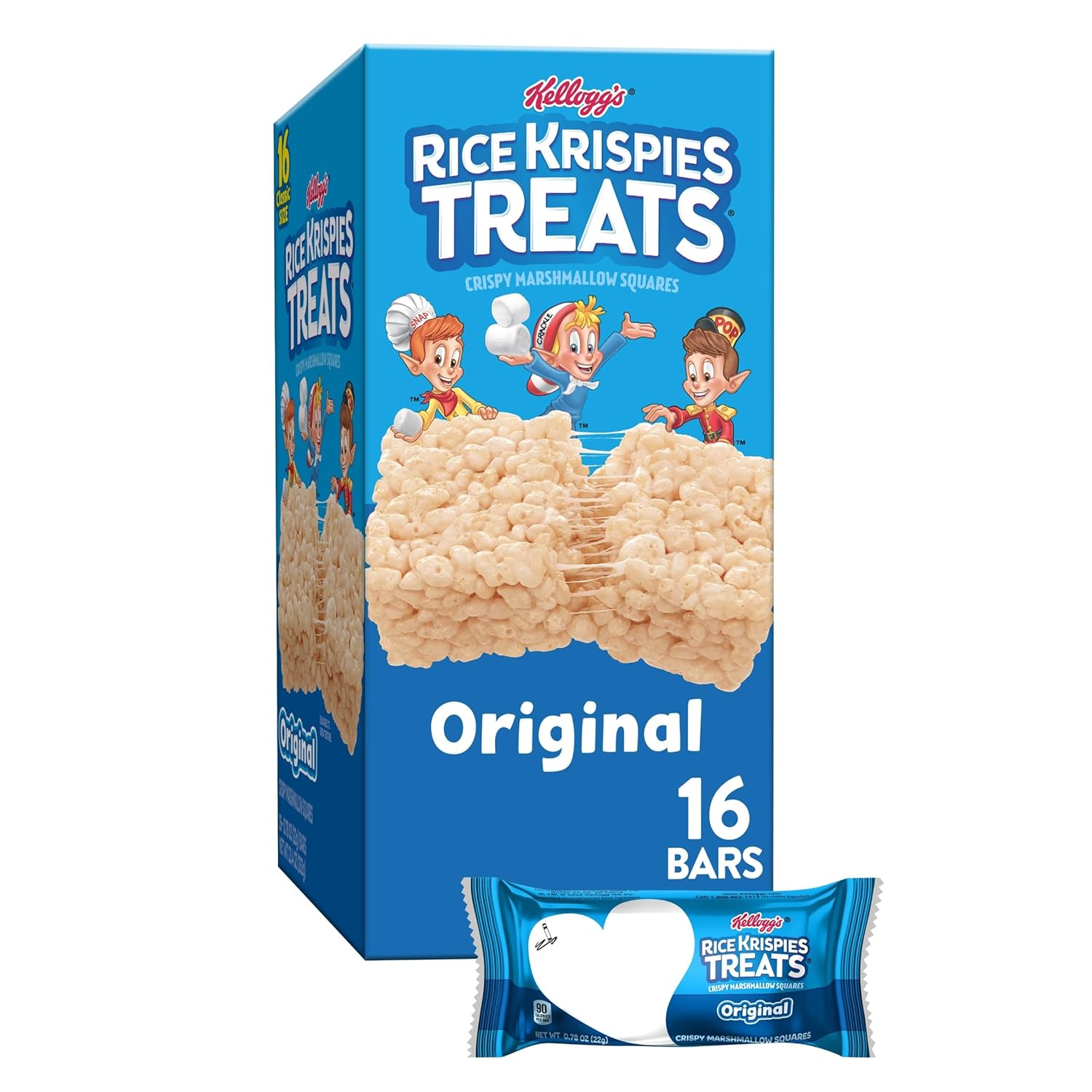Rice Krispies Treats Original Marshmallow Snack Bars, 12.4oz Box (16 Bars) for Kids Lunch Snacks