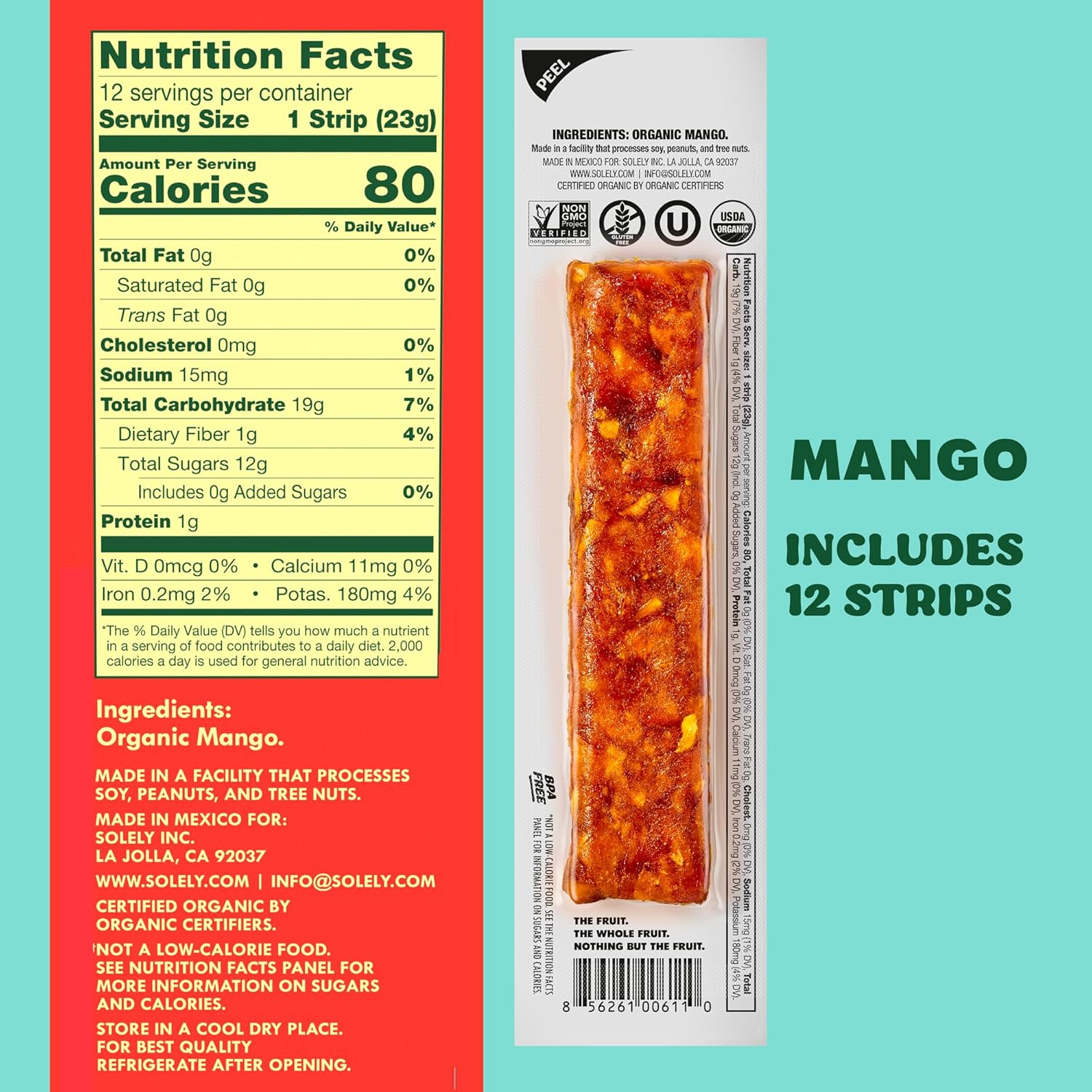 solely organic mango fruit jerky 12 individually wrapped fruit strips healthy vegan snacks