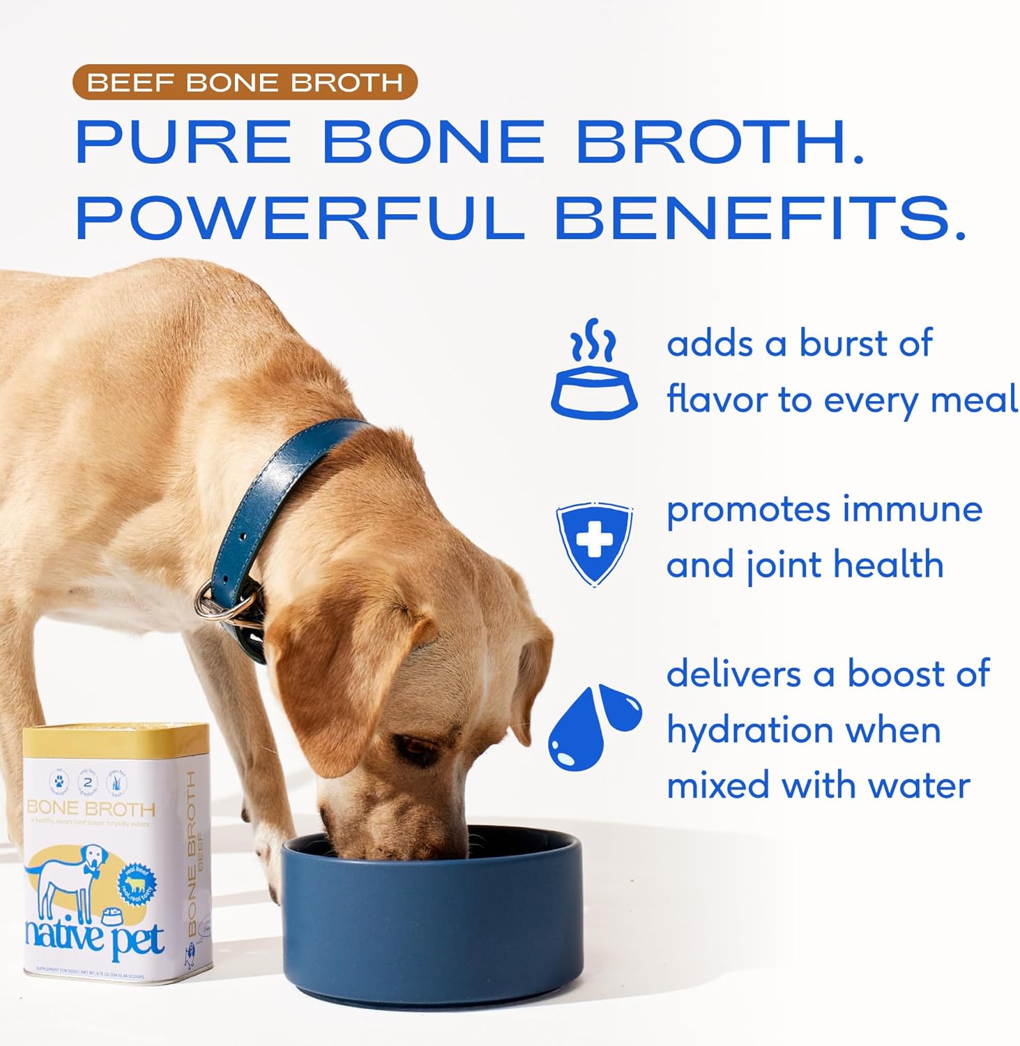 Native Pet Bone Broth for Dogs - Made with Real Grass-Fed Beef, Dog Food Toppers for Picky Eaters - Hydration & Nutrition for Joint Health, 48 Scoops