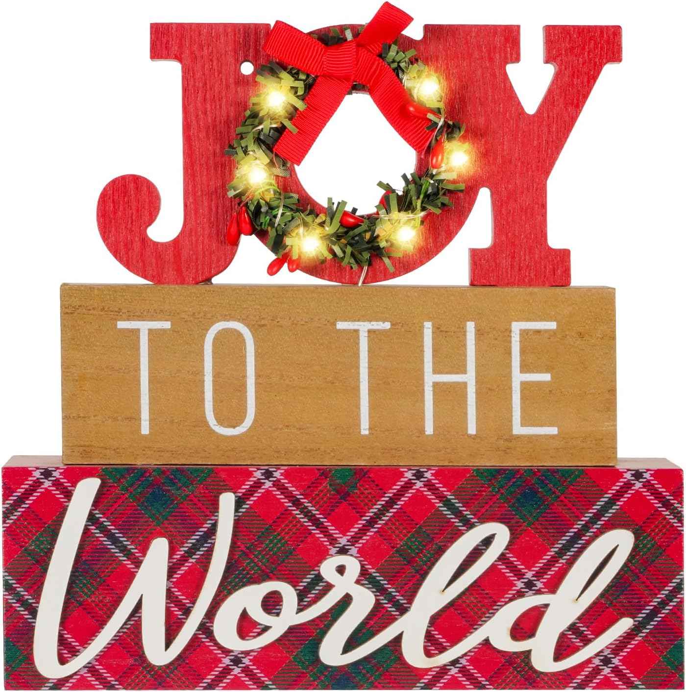 Christmas Decorations for Home LED Lighted JOY Decor Farmhouse Wooden Wreath Tabletop Merry Christmas Signs Rustic Holiday Block cIndoor Decorative Sign