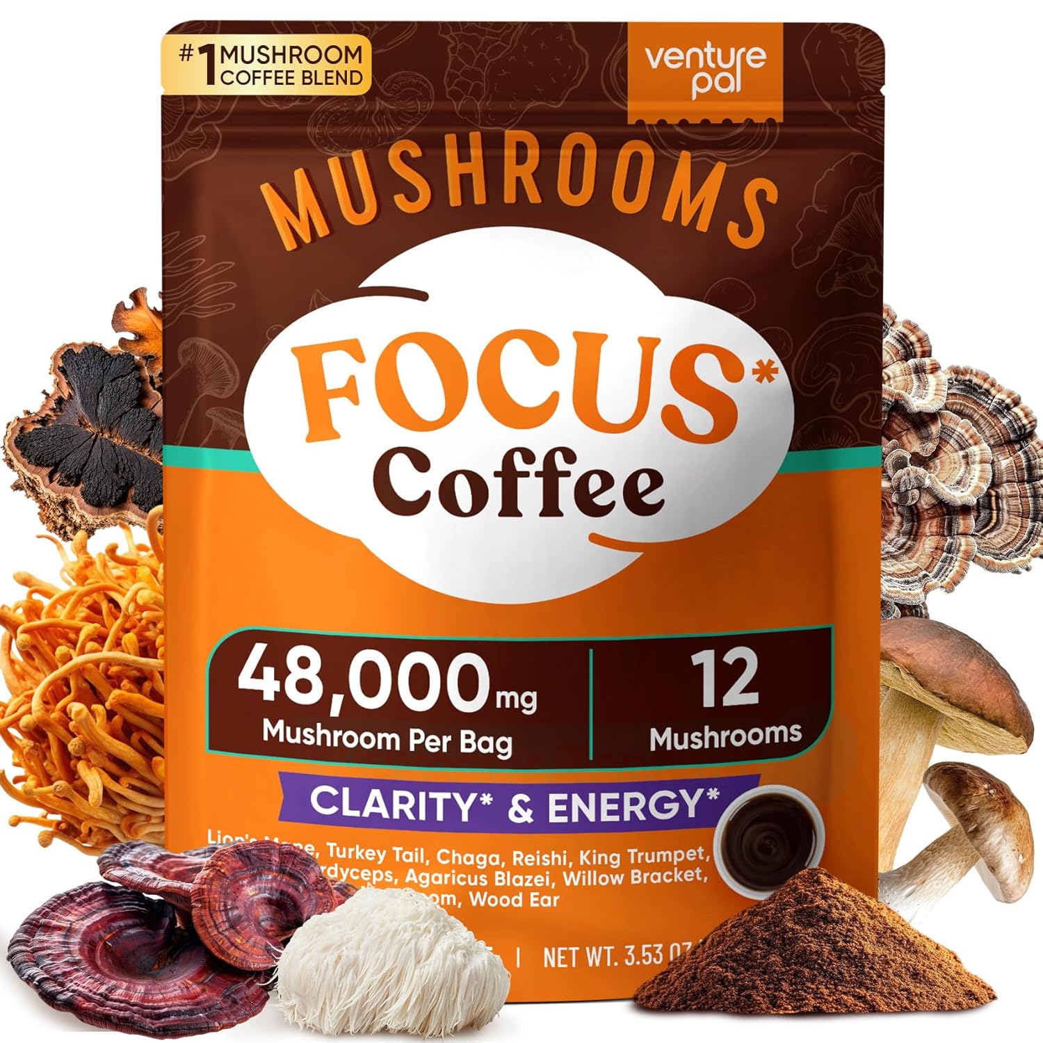 venture pal 48000mg lion's mane mushroom coffee with 12 adaptogenic mushrooms, 40 servings, instant coffee