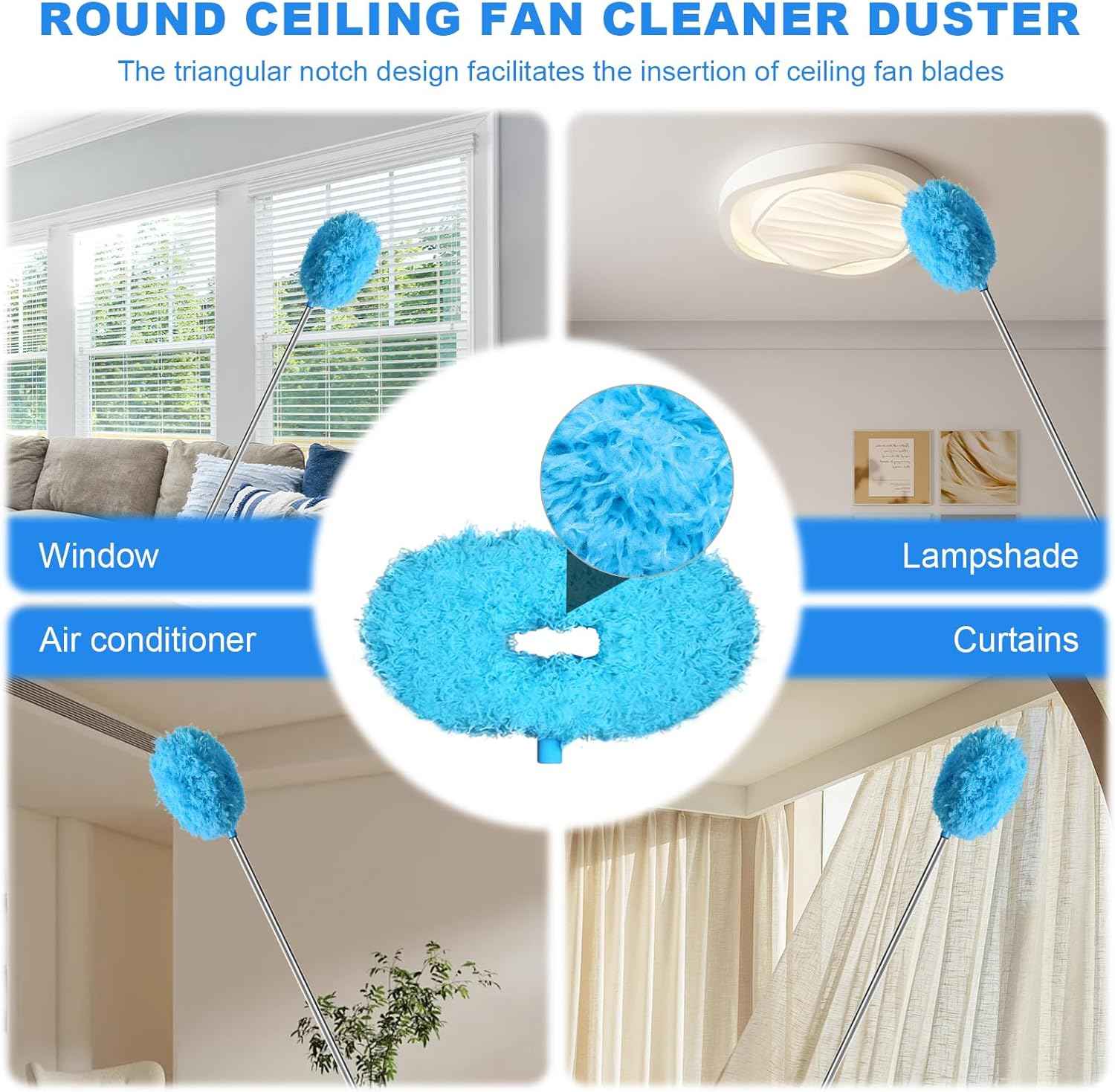 Storystore Ceiling Fan Cleaner Duster with Extension Pole, Adjustable from 13 to 49.7 Inches, Removable Fan Blade Cleaner (Blue)