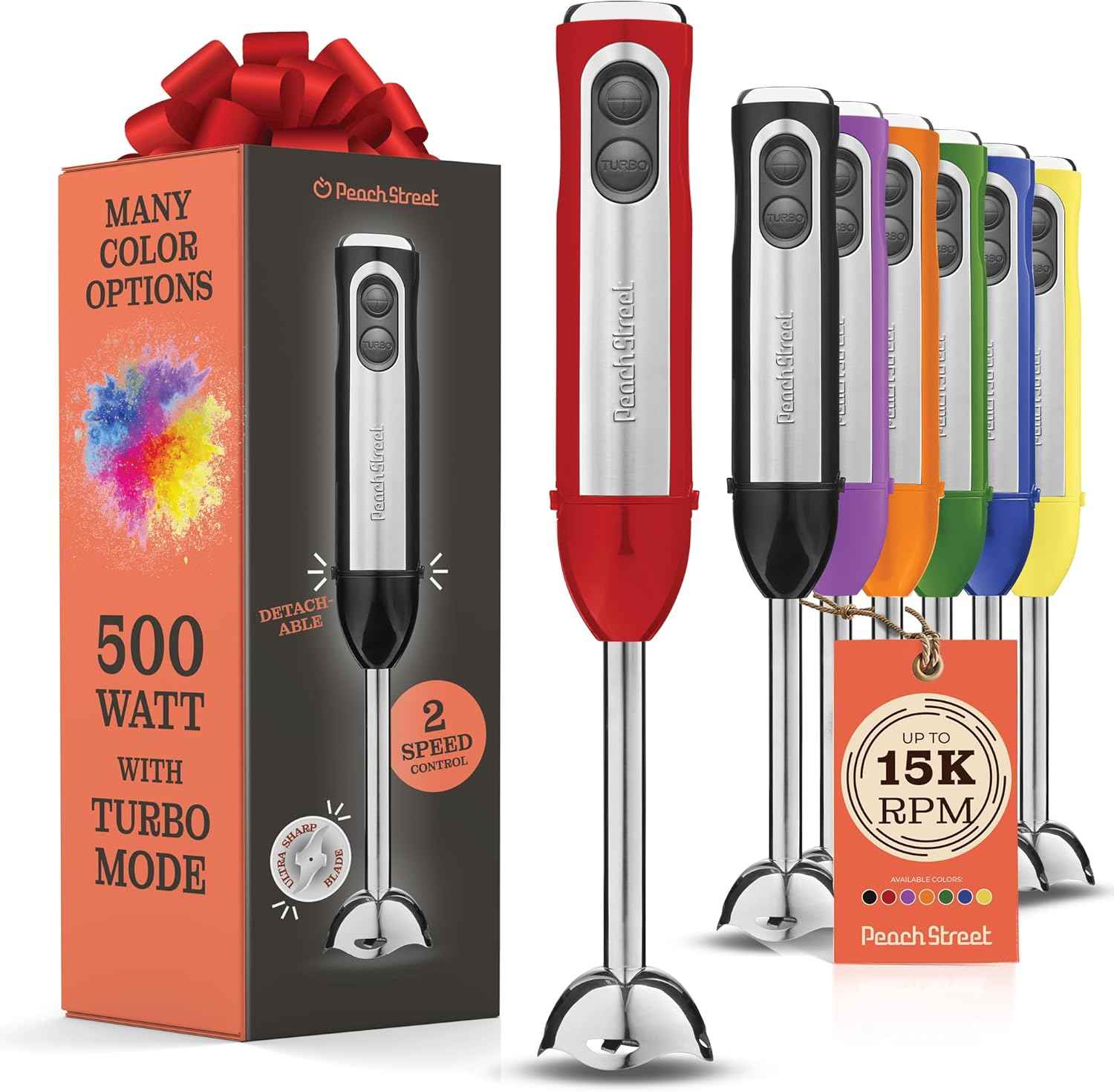 Powerful Immersion Blender, Electric Hand Blender 500 Watt with Turbo Mode, Detachable Base. Handheld Kitchen Gadget Blender Stick for Soup, Smoothie, Puree, Baby Food, 304 Stainless Steel Blades
