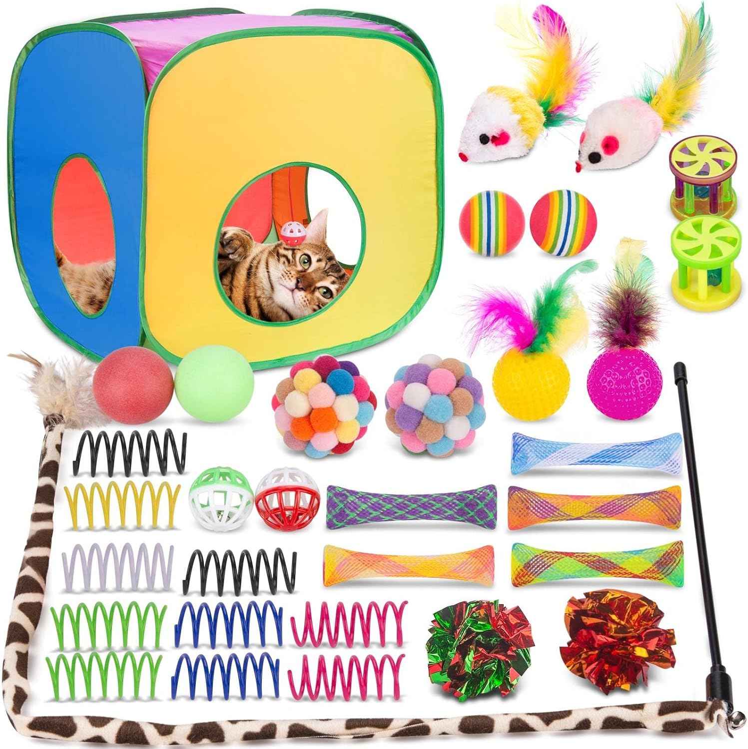 Retro Shaw Cat Toys Pack 33Pcs, Interactive Kitten Toys for Indoor Cats Kitty with Collapsible Play Tunnel Tube Tent Feather Wand Teaser Bell Fuzzy Ball Springs Mouse Toy