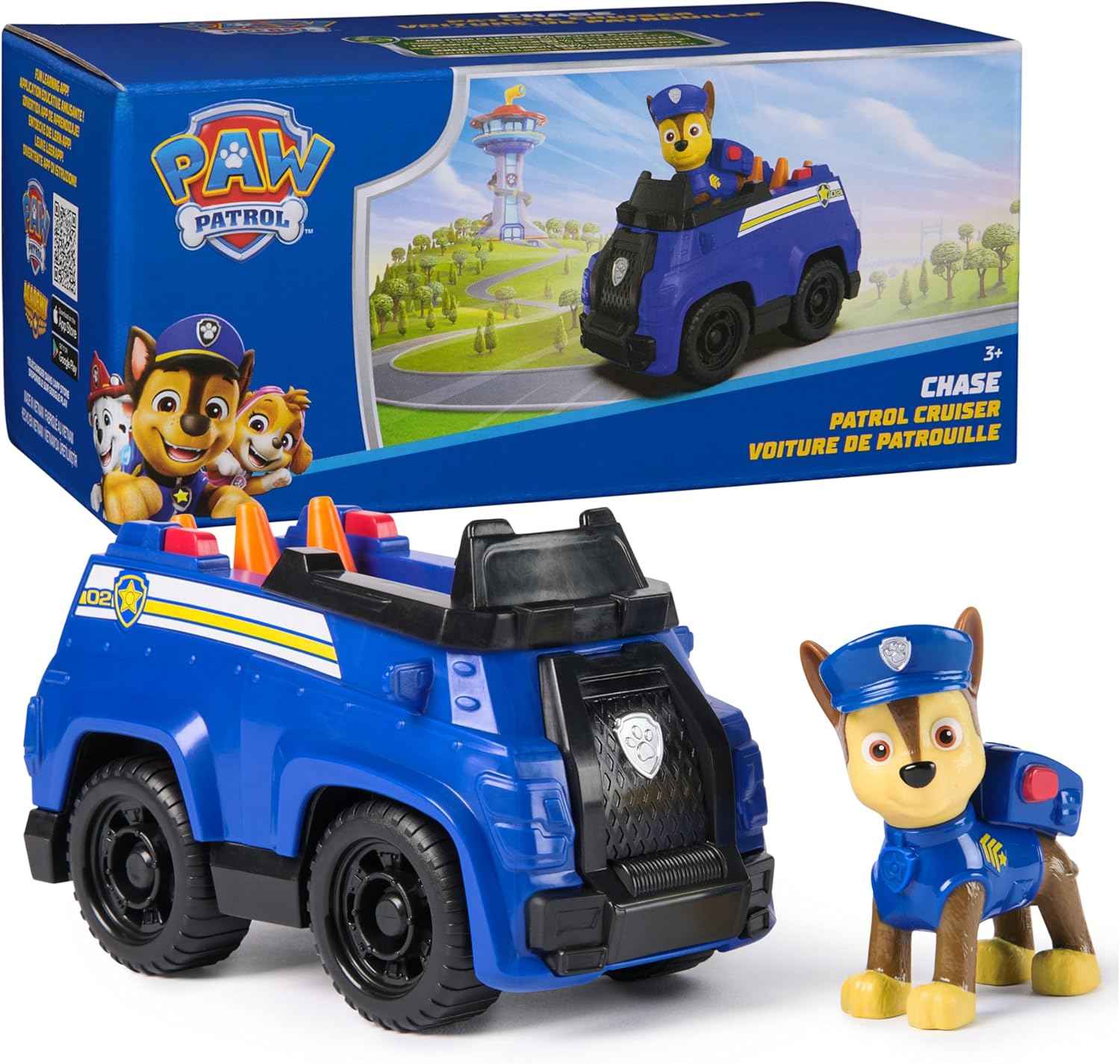 PAW Patrol, Chase’s Patrol Cruiser, Toy Car with Collectible Action Figure, Sustainably Minded Kids Toys for Boys & Girls Ages 3 and Up