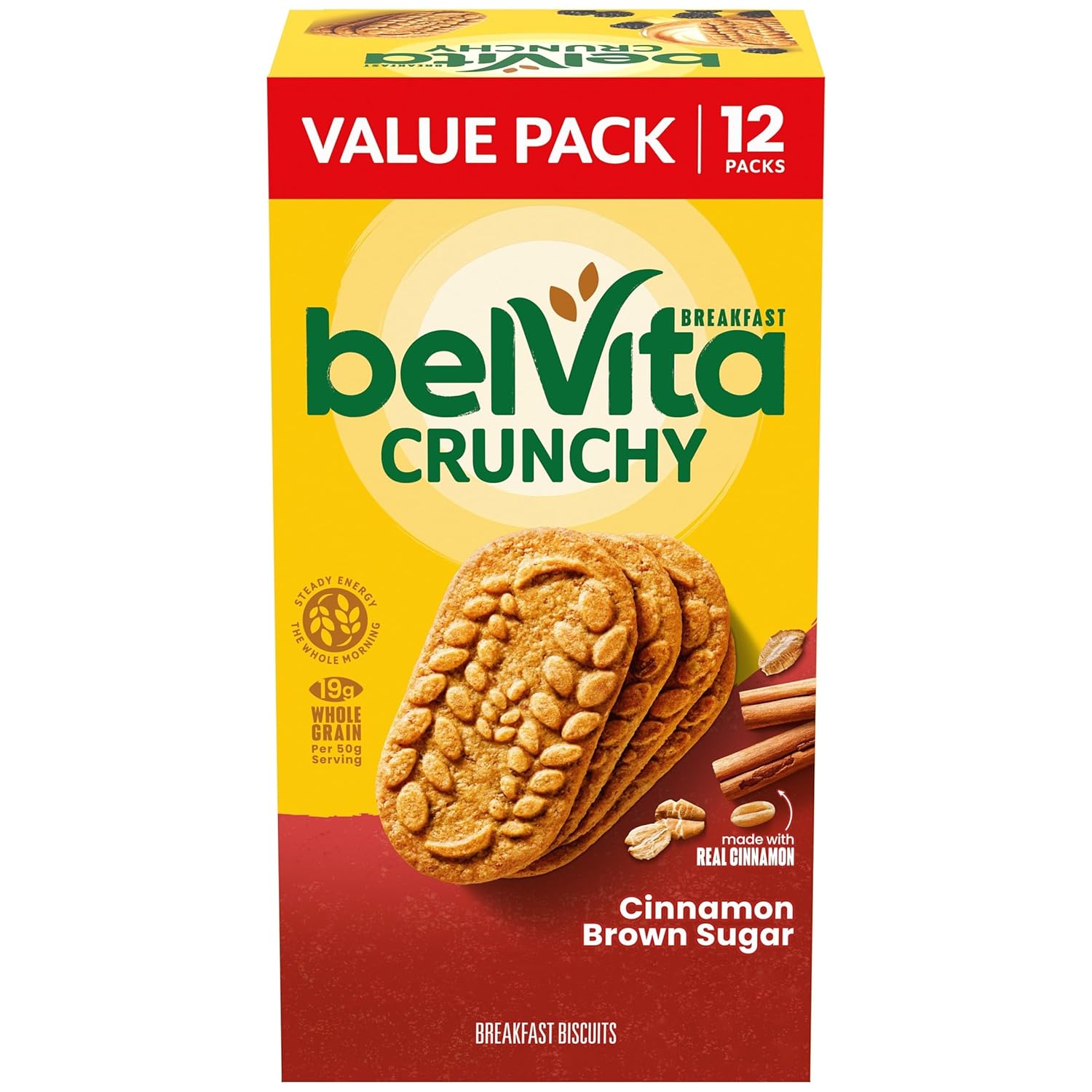 belVita breakfast biscuits, cinnamon brown sugar, 12 packs, 4 biscuits per pack, kosher, cholesterol free
