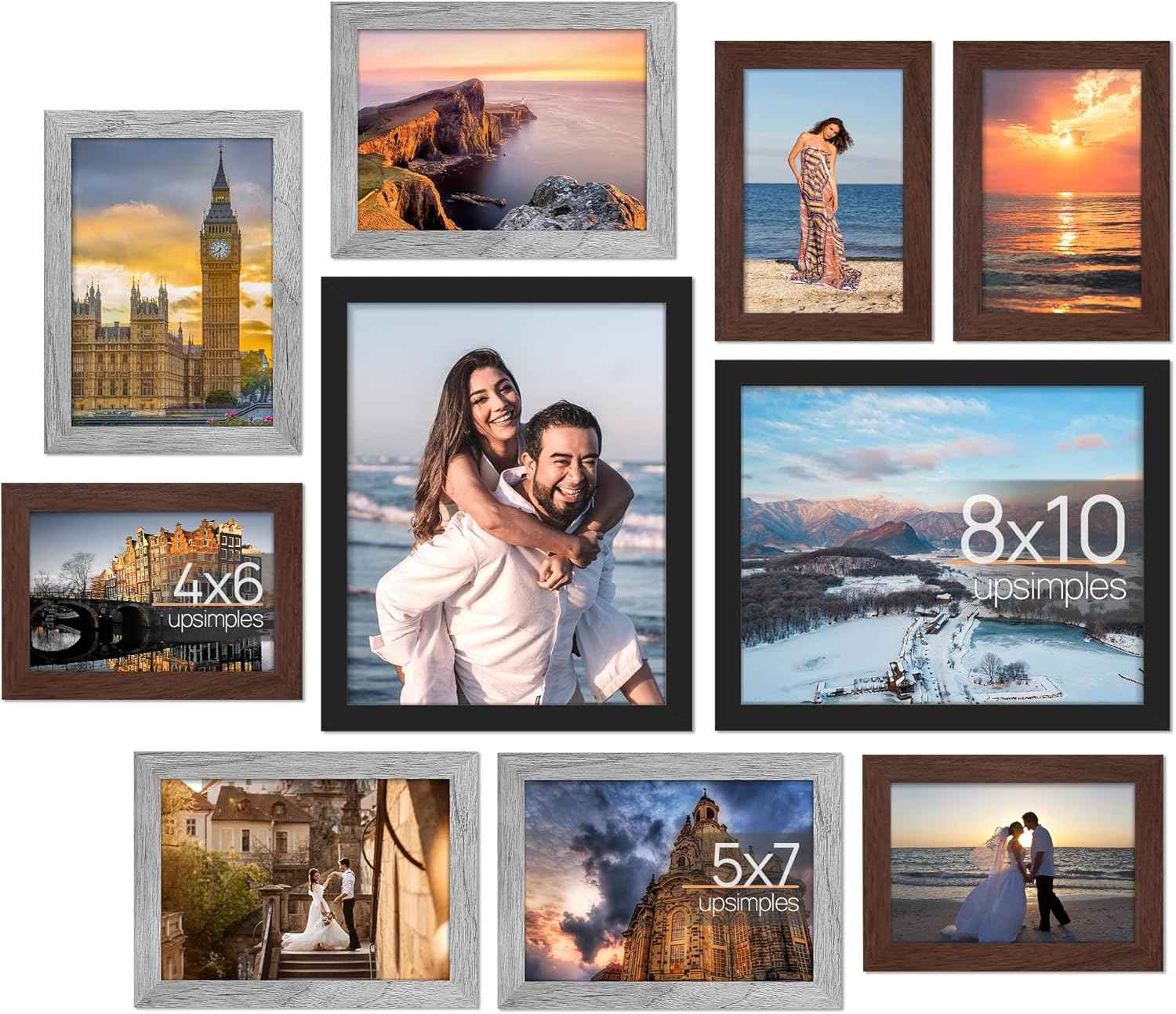upsimples 10 Pack Picture Frames Collage Wall Decor for Mounting or Tabletop Display, Photo Gallery Frame Set for Family, Multi Sizes Including 8x10, 5x7, 4x6, Black