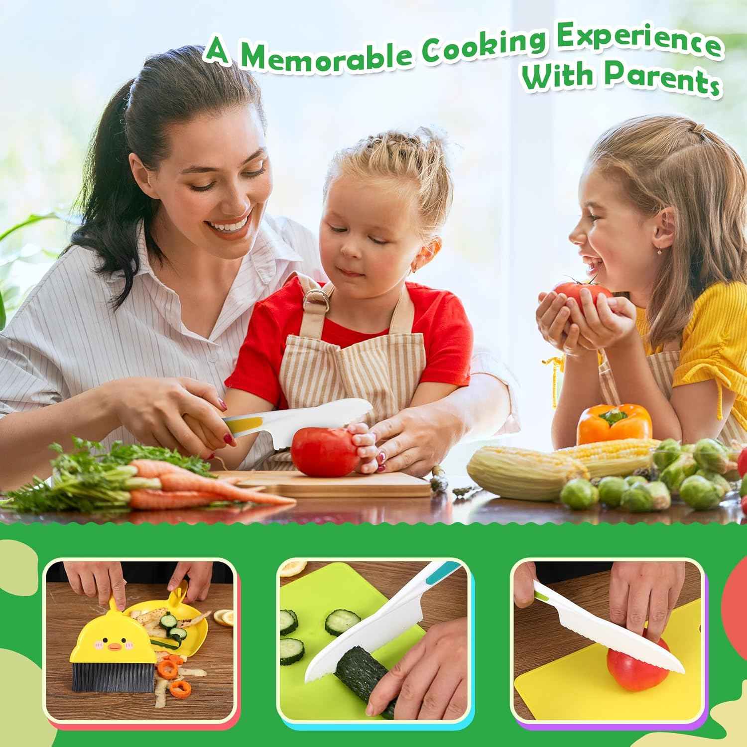 14PC Montessori Toy Safe Kitchen Knife Set for Toddler, Kids Knife Set for Real Cooking with Cutting Board, Gift for 3-12 Year Old Girl Boy Bithday Chistmas, Little Chef Cooking Tool for Kid Age 3-12