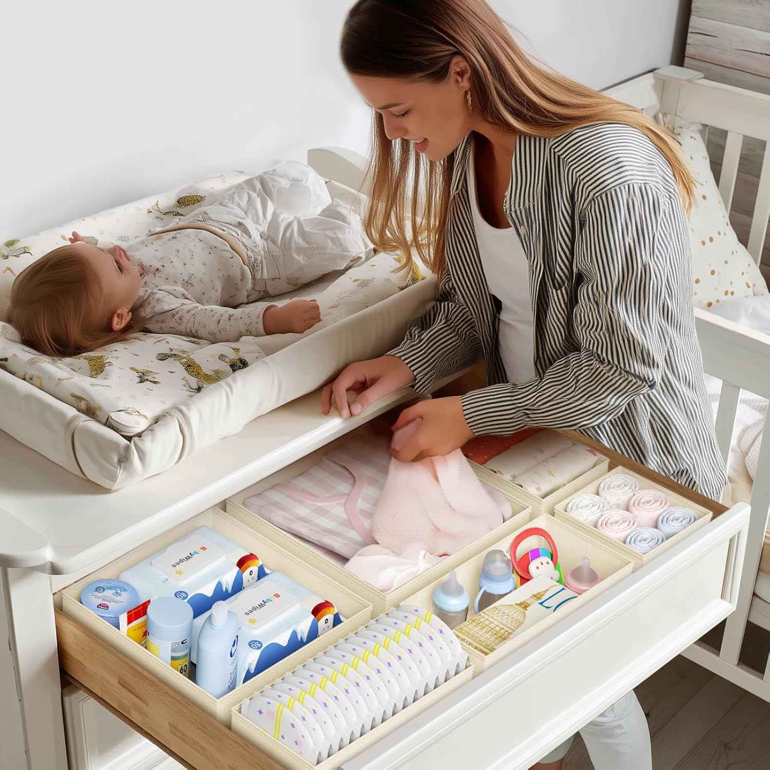 DIMJ Drawer Organizer Clothes, 12 Pack Dresser Organizer, Foldable Closet Organizers and Storage, Fabric Dresser Bins, Drawer Dividers for Nursery, Baby Clothes, Underwears, Sock (Beige)