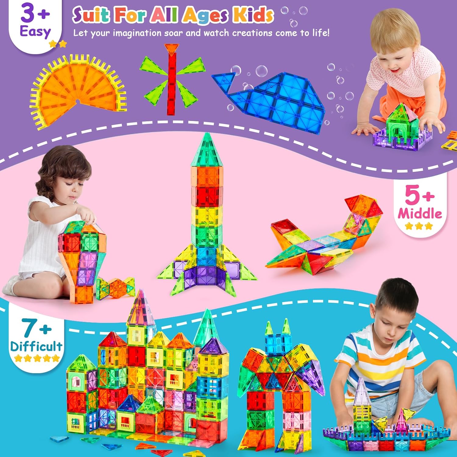 Dopyye Magnetic Building Tiles for Kids, 100 PCS Magnetic Blocks with Storage Bag, Magnet Tiles STEM Educational Stacking Toys Gift for Toddler Ages 3 4 5 6 7 8 9