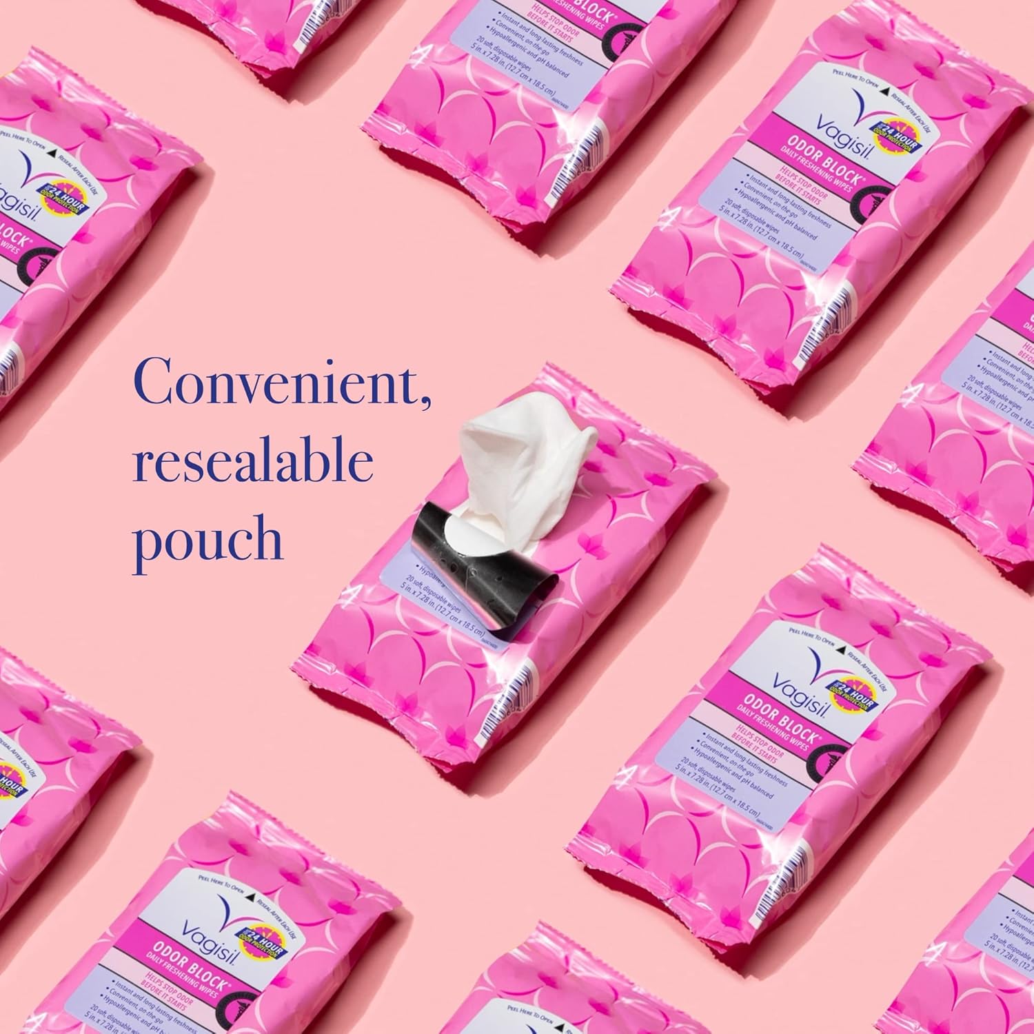 Vagisil odor block daily freshening wipes for feminine hygiene in resealable pouch, hypoallergenic, gynecologist tested, 20 wipes pack of 3