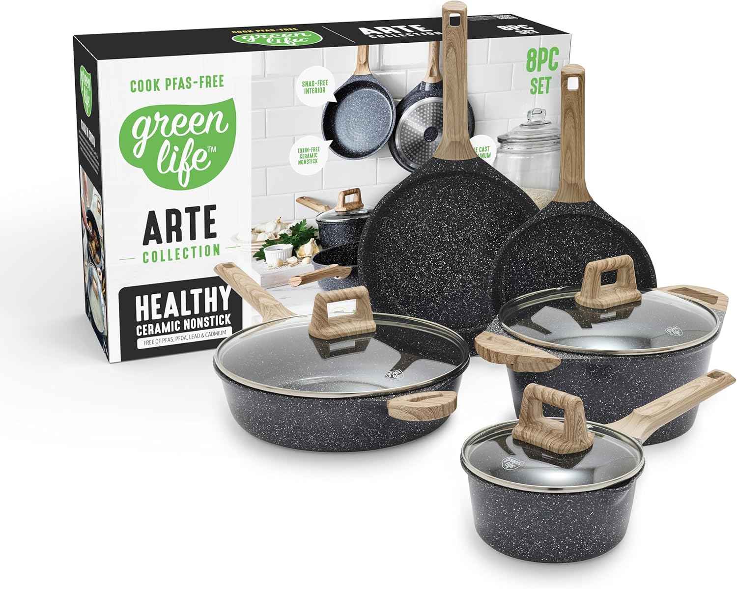 GreenLife 8 Piece Ceramic Nonstick Cookware Set, Induction Suitable Non Toxic PFAS-Free Pots & Pans, Dishwasher Safe, Cooking Set, Stock Pot, Saucepans & Frying Pans, Kitchen Cooking, Graphite