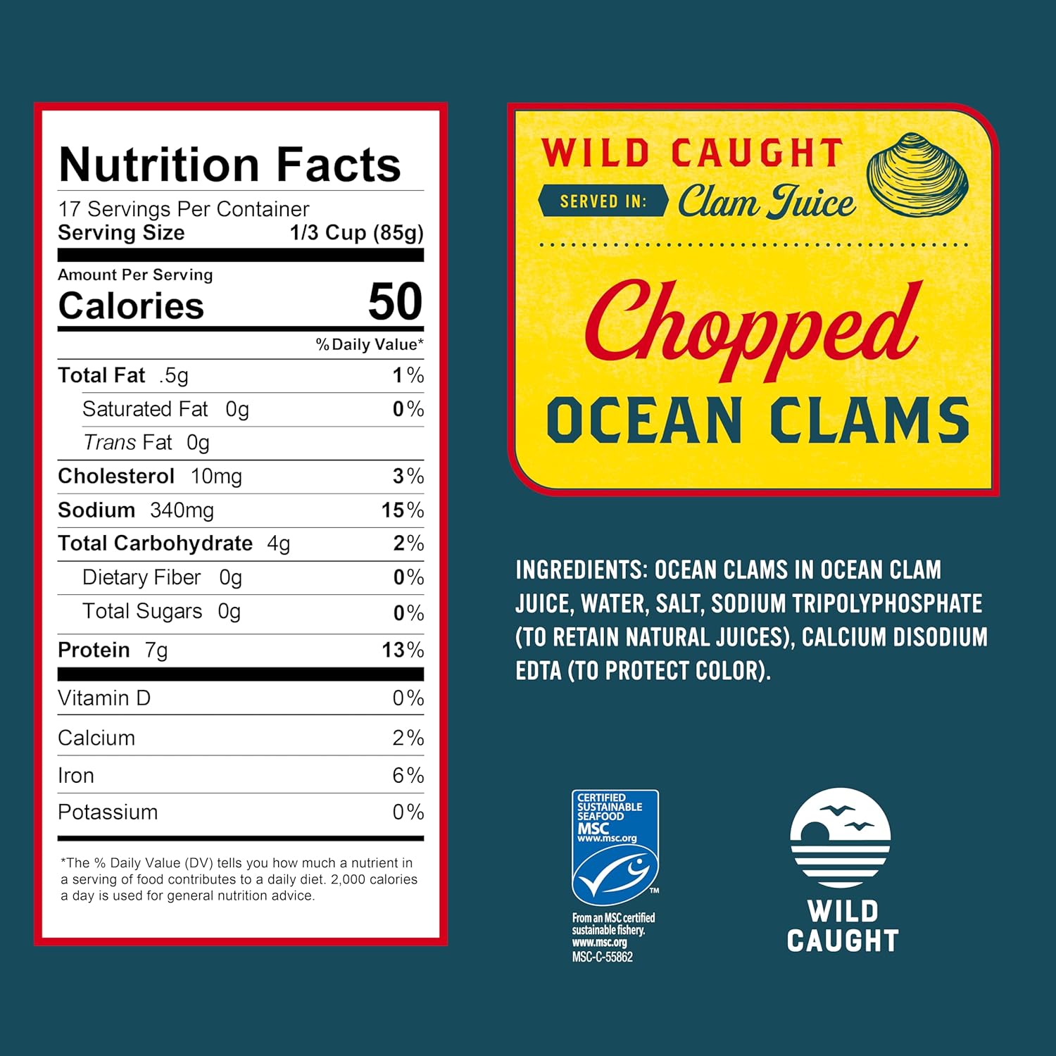 snow's ocean chopped clams can, 51 oz can, 7g protein, gluten free, no msg, 99% fat free, keto friendly