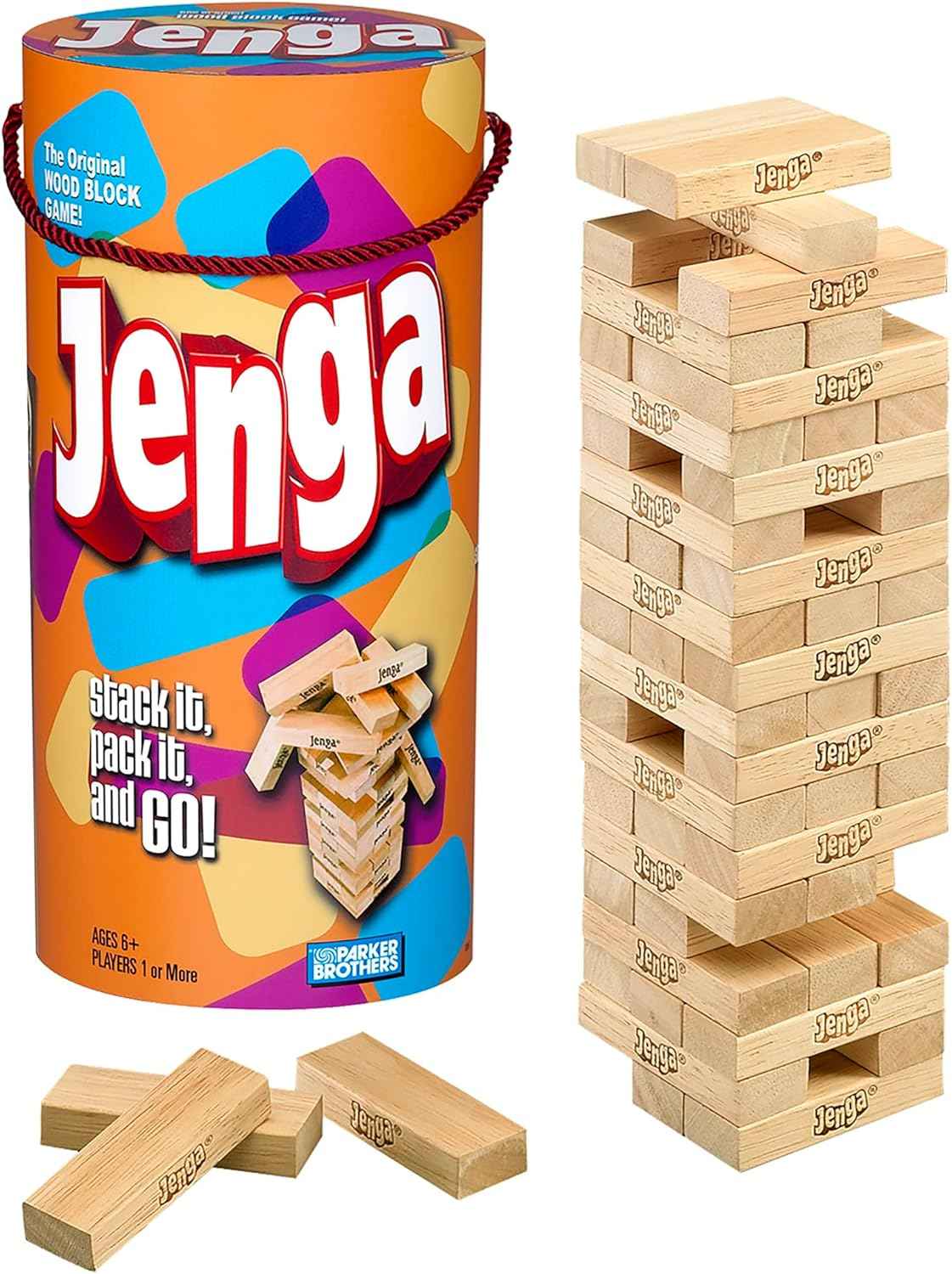 Hasbro Gaming Jenga Wooden Blocks Stacking Tumbling Tower Game | Party Games for Kids & Families | Stocking Stuffers | Ages 6+ (Amazon Exclusive)