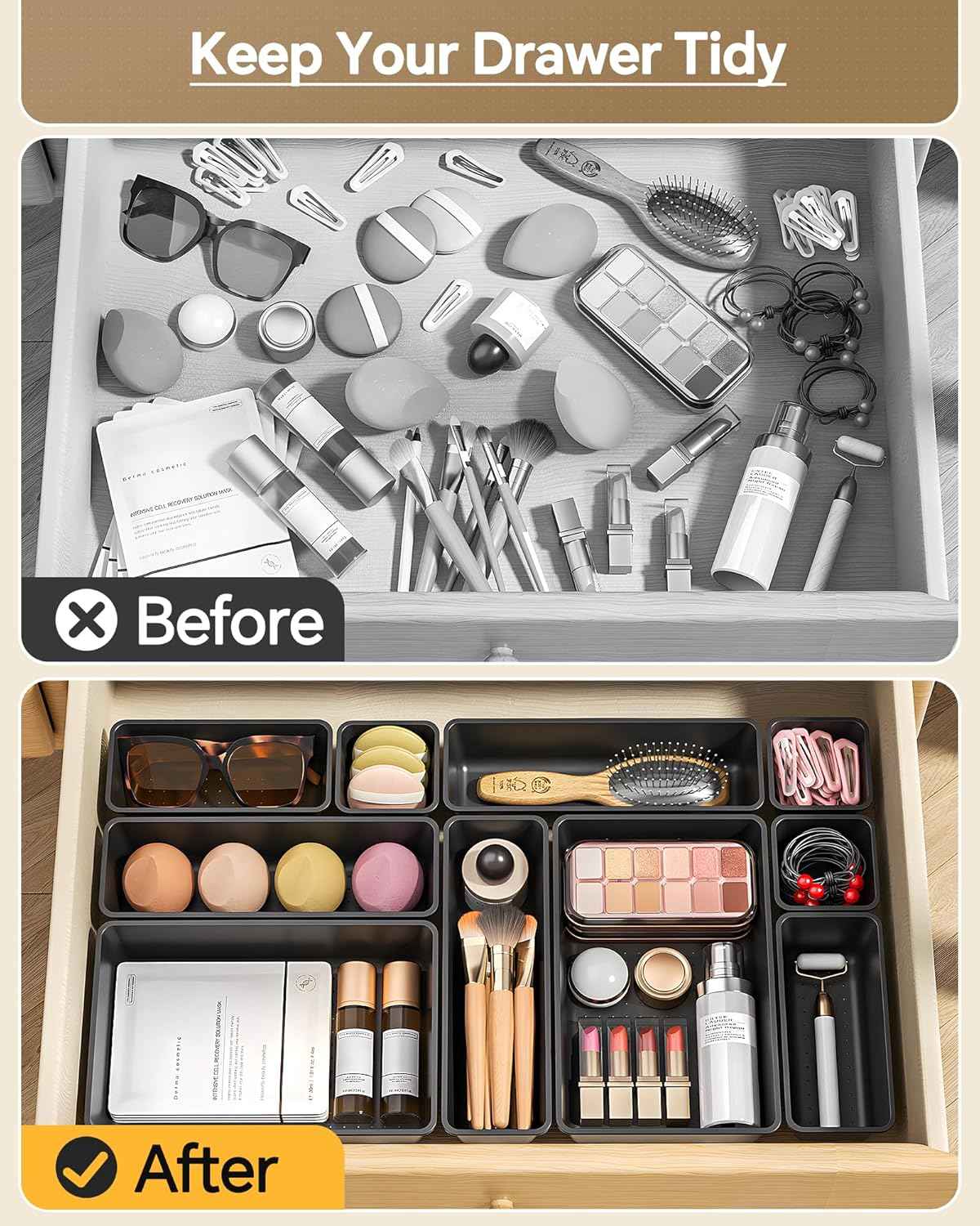 25 PCS Plastic Drawer Organizers Set, 4 Sizes Vanity Organizer, Makeup and Desk Drawer Organizer Trays, Organization and Storage for Makeup, Bathroom, Kitchen Utensils and Office (Black)