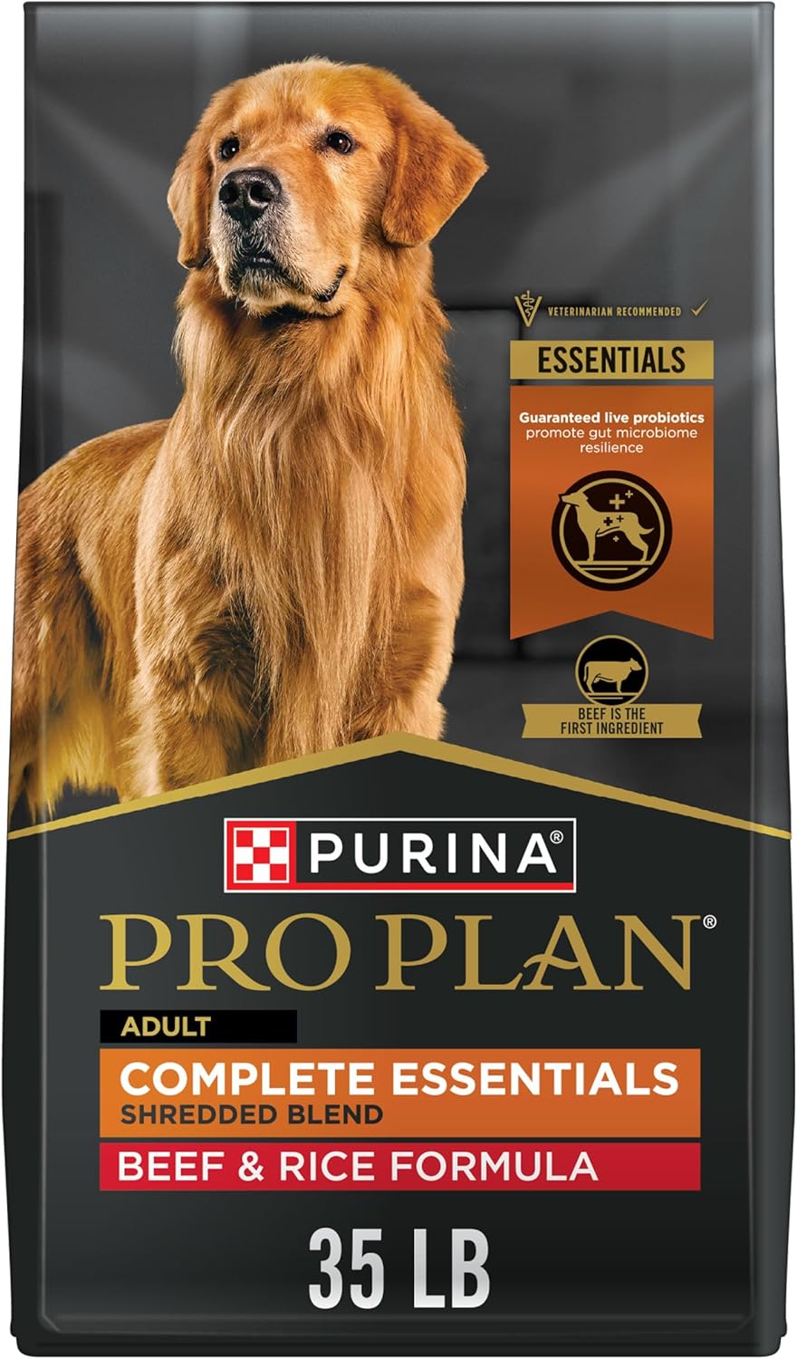 Purina Pro Plan Complete Essentials Shredded Blend Beef and Rice Dog Food Dry Formula with Probiotics, 35 lb. Bag, High Protein, Real Beef, Probiotics