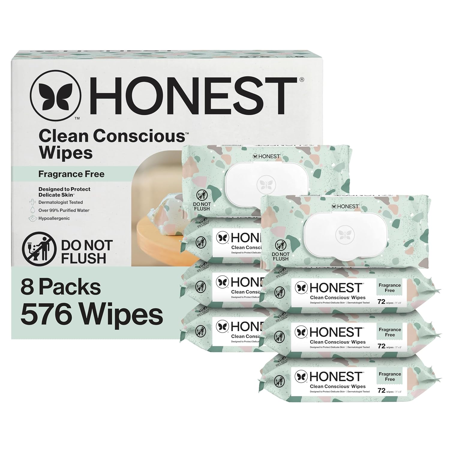 Honest Company Hypoallergenic Baby Wipes for Sensitive Skin, Fragrance-Free, 576 Count (6 Packs of 96)