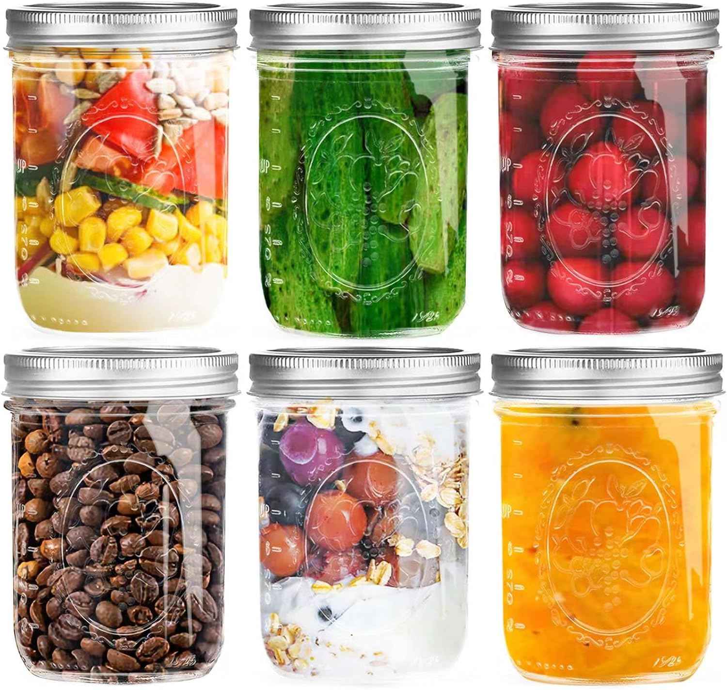 Miuyhji Wide Mouth Mason Jars 16 oz with Lids [6 Pack], Canning Jars with Metal Airtight Lids and Bands, 16 oz Glass Jars for Fermenting, Pickling, Freezing, Preserving, Meal Prep, Jar Décor