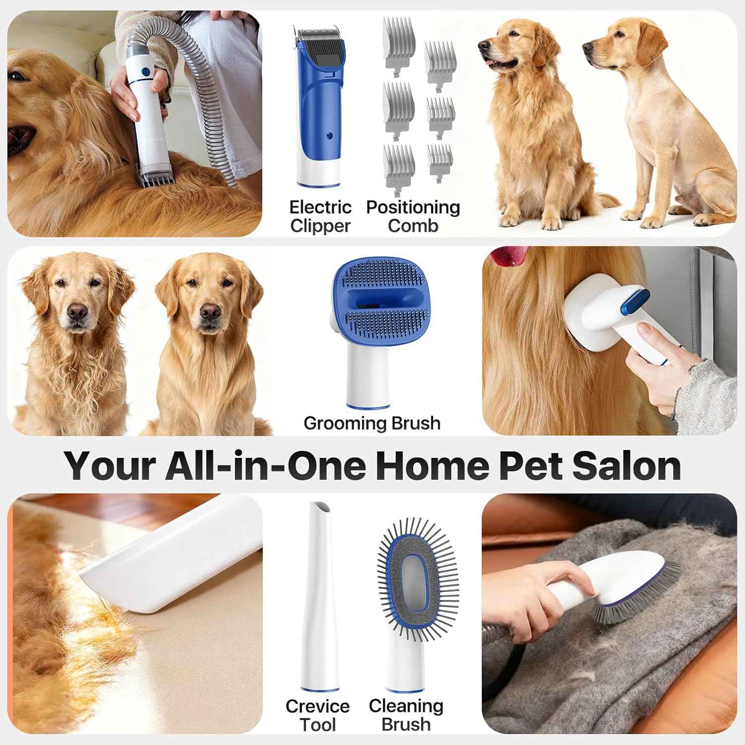 Dog Grooming Kit with Vacuum, 15000Pa Pet Hair Clipper and Shedding Brush, 50dB Low Noise, 2L Capacity, White