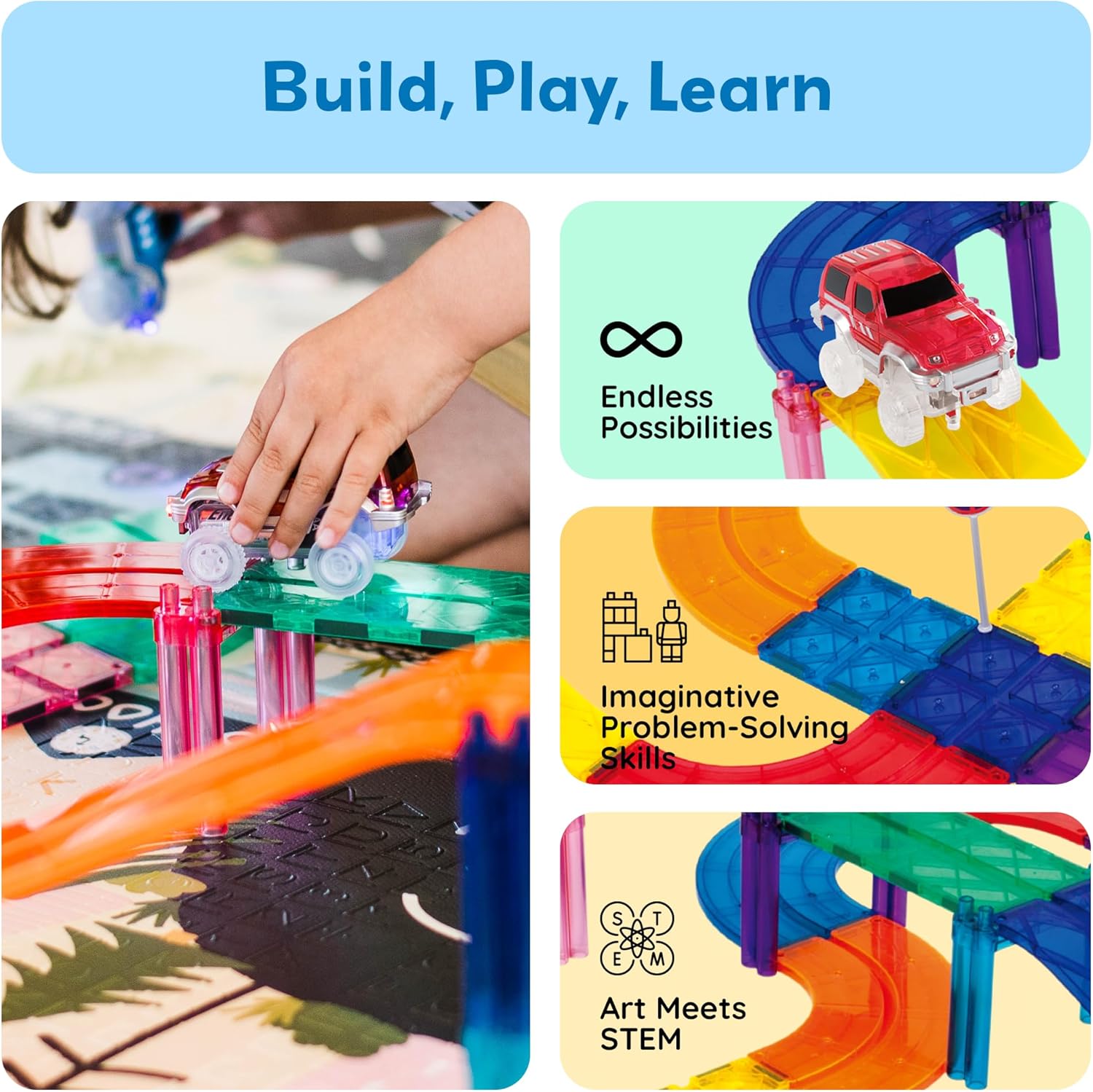 PicassoTiles Race Track Magnetic Tiles Car Toy Fun Playset Includes 2 Racing Trucks Racecars STEM Educational Magnet Building Block Construction Set for Toddlers Boys Girls Ages 3 and Older PTR30