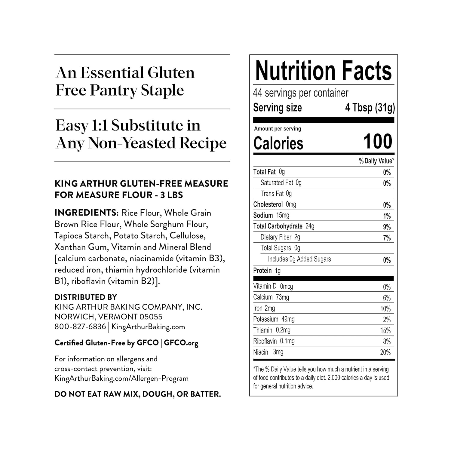 king arthur measure for measure gluten-free flour, 1:1 substitute for wheat flour, non-gmo, kosher certified, 3 lbs