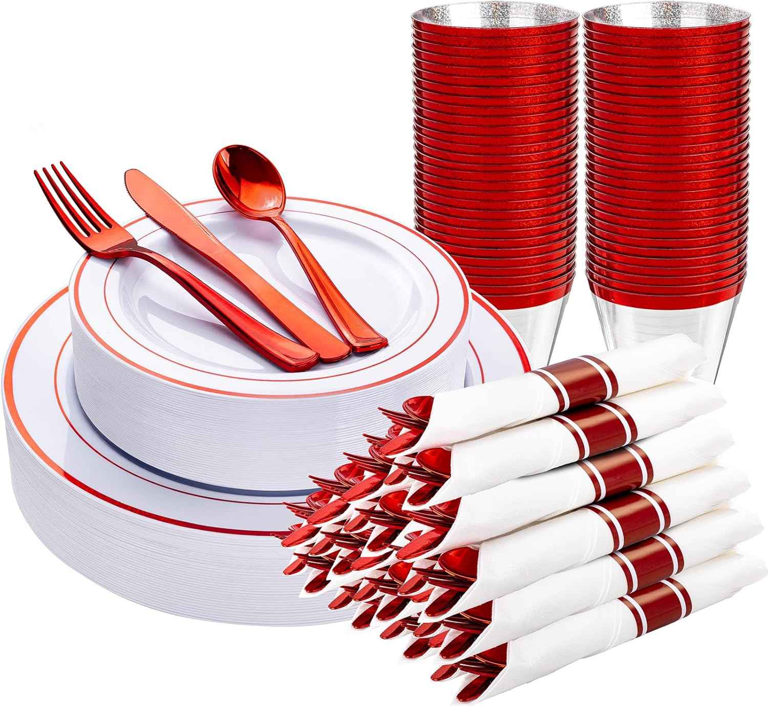 WELLIFE 700 Pieces Gold Plastic Dinnerware Set for 100 Guests - Includes Plates, Cups, Napkins, and Disposable Cutlery - Elegant White & Gold Design, Perfect for Parties and Events