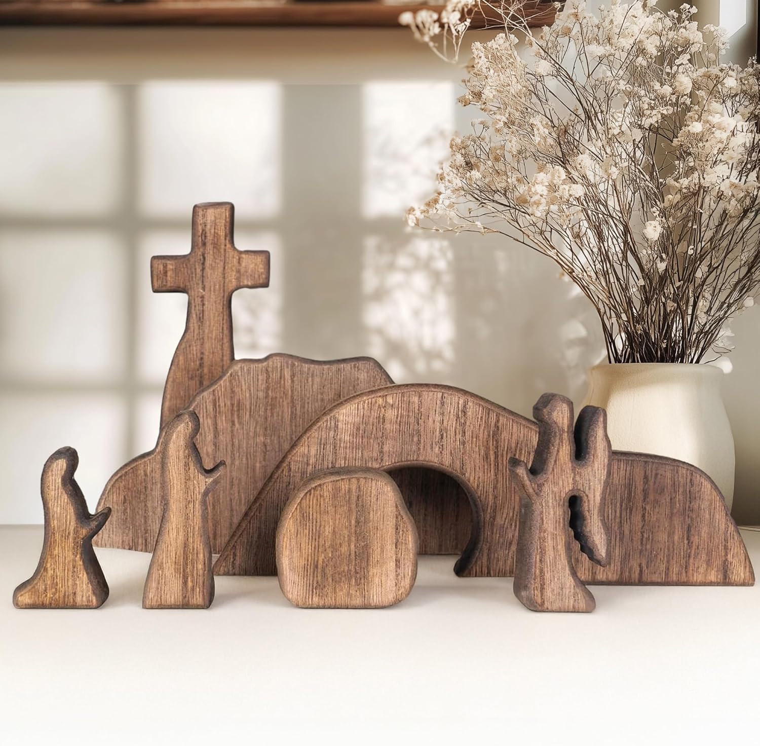 Nerosun wooden Easter resurrection scene and cross decoration set for religious home office tabletop