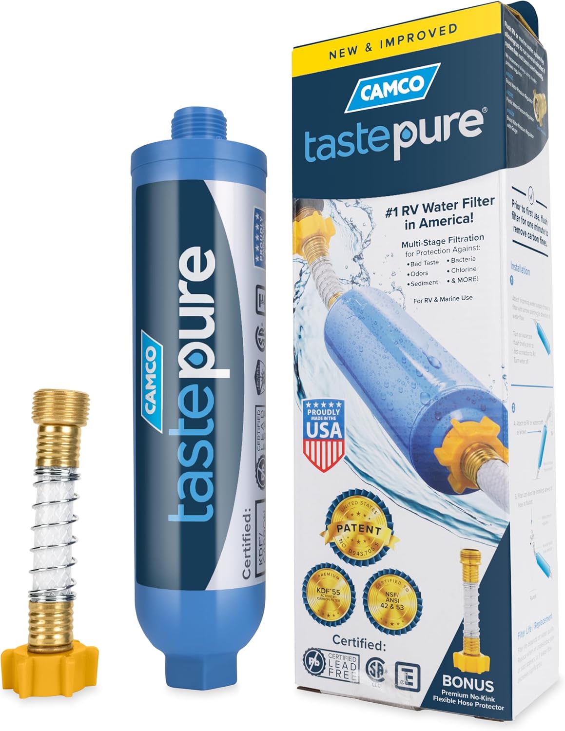 Camco Tastepure RV Water Filter - Advanced RV Inline Water Filter with Flexible Hose Protector - GAC & KDF Filtration - Made in USA - Camping Essentials for Fresh Drinking Water