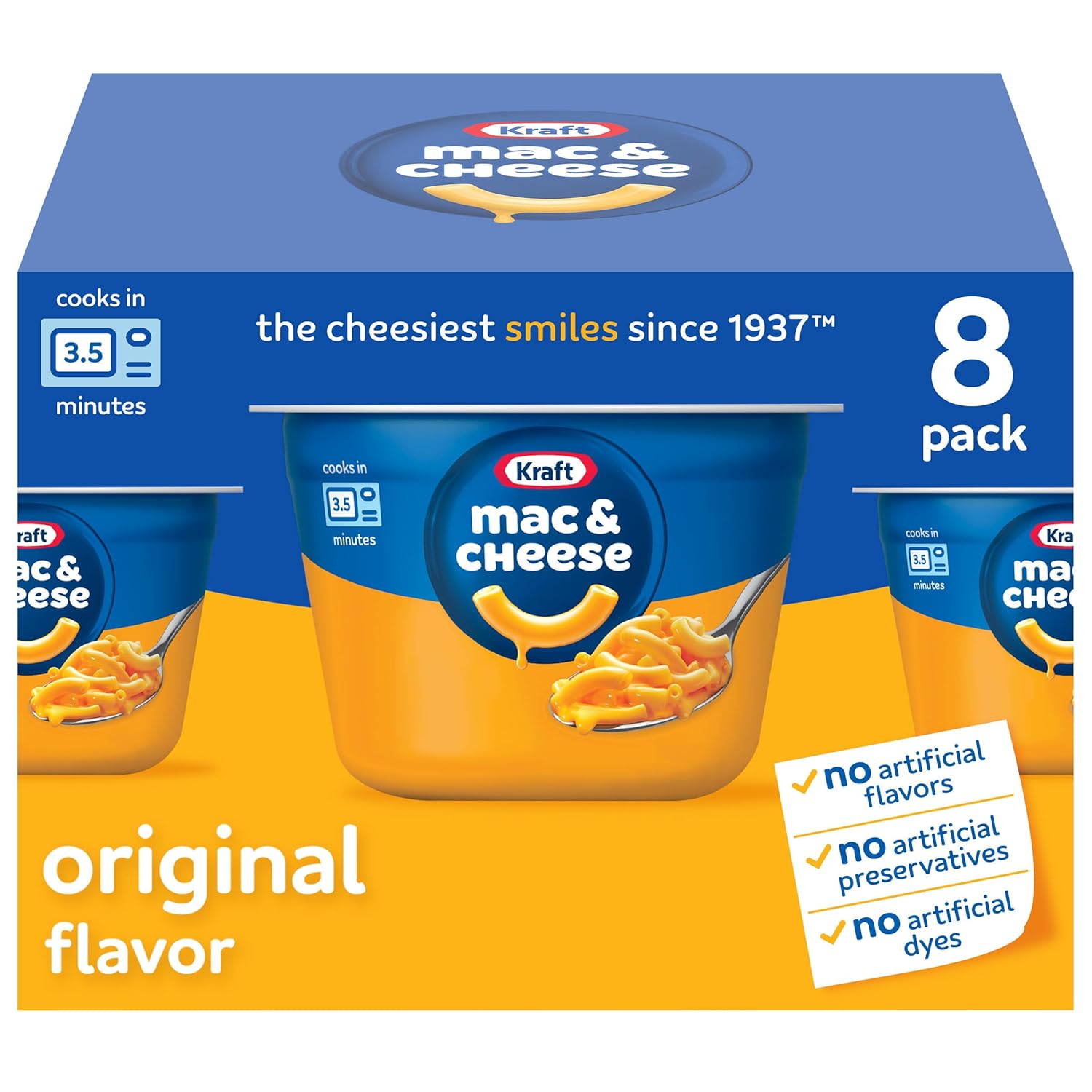 Kraft Original Mac & Cheese Cups, 8 count, 2.05 oz each, No Artificial Flavors, Microwave Ready