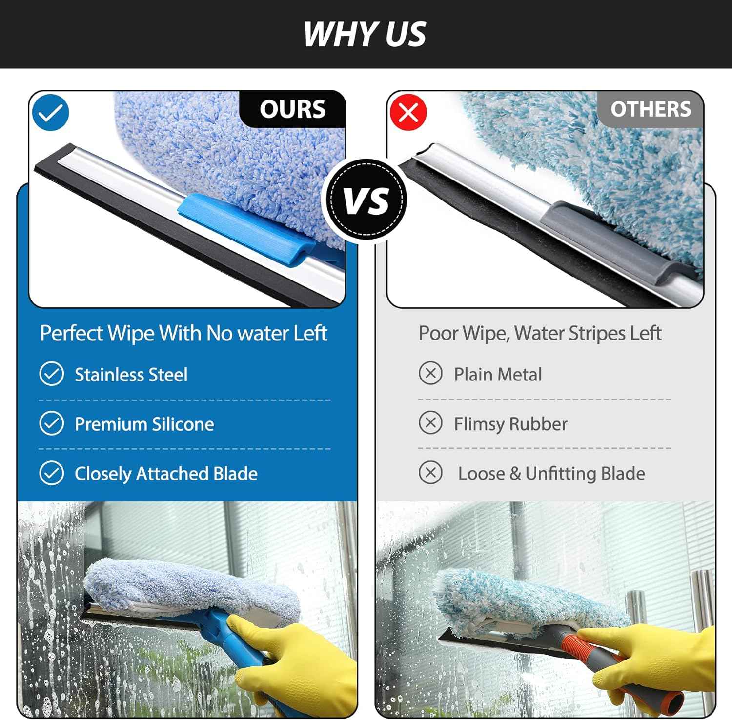VITEVER Professional 69'' Window Squeegee Cleaner Tool with Extension Pole, 2-in-1 Squeegee for Window Cleaning Kit with Scrubber and Rotating Head, 1 Blade 2 Scrubber