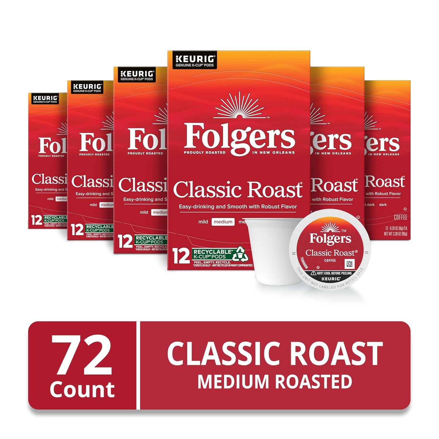 Folgers Classic Roast, 12-Count Medium Roast Coffee K-Cup Pods, 6-Pack