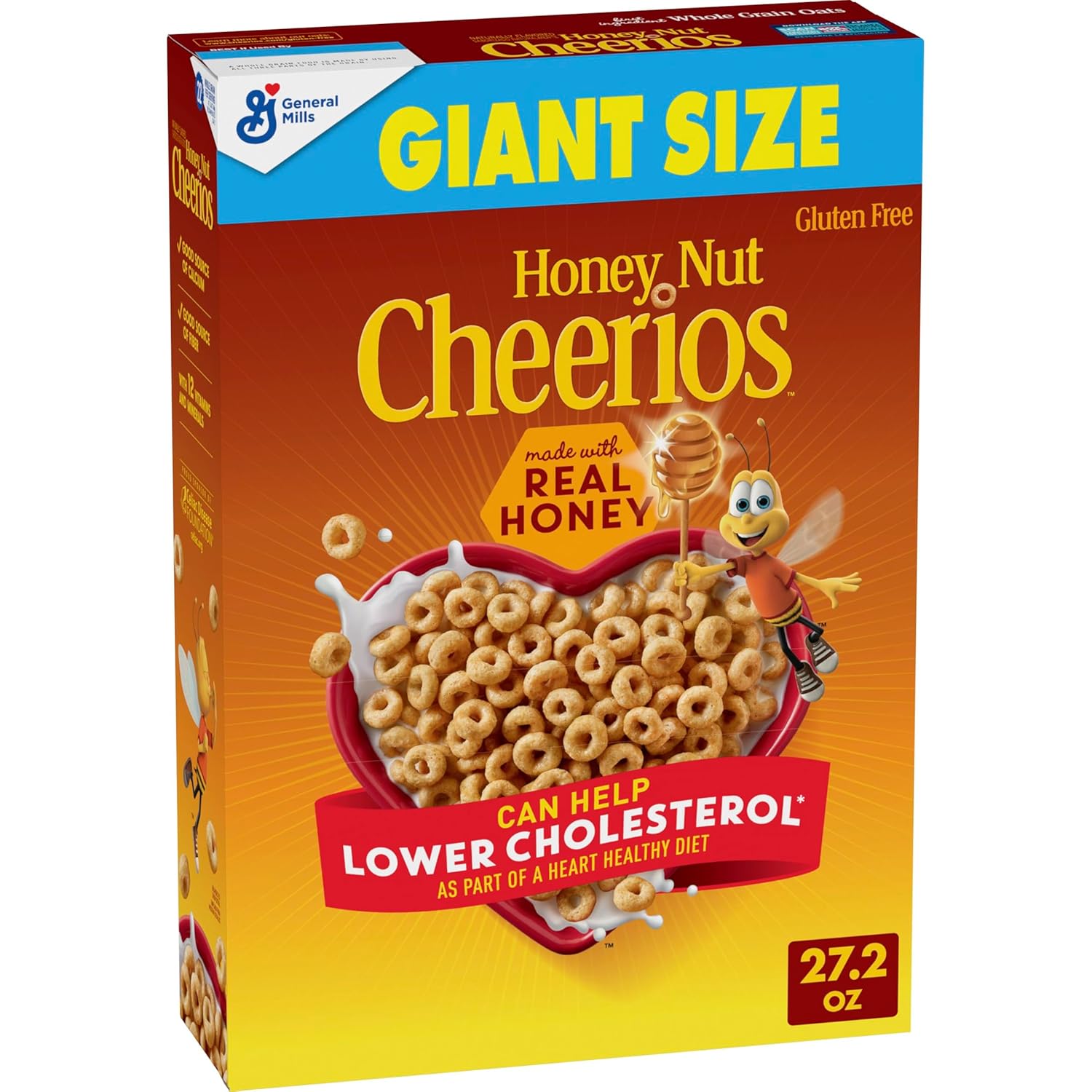 Honey Nut Cheerios heart healthy gluten free cereal, giant size, 27.2 oz, limited edition heart shapes and affirmations