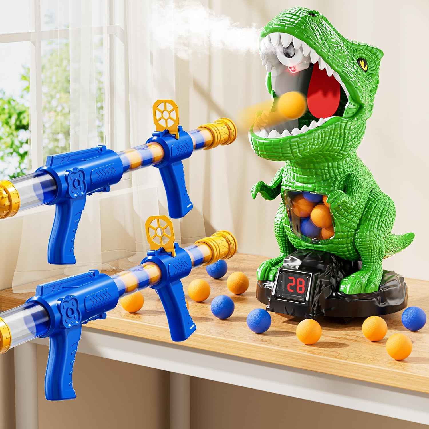 XINNOVEL Movable Dinosaur Shooting for Toys Kids 4-6, Electronic Kids Target Games with 2 Air Pump Guns, LCD Score Record, Sound, 48 Foam Balls, Birthday Gifts for 3 4 5 6 7 8 9 Year Old Boys Girls