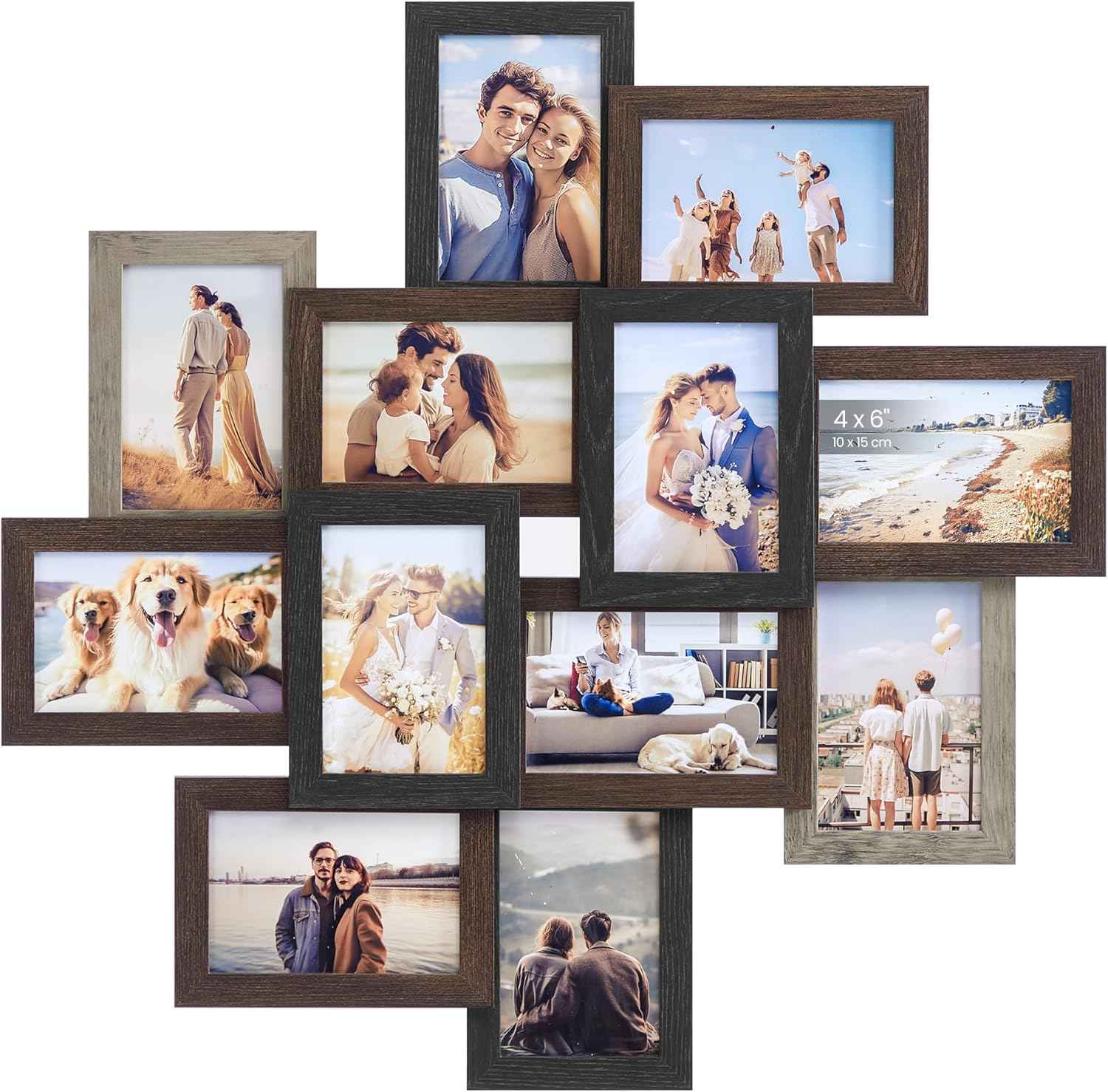 SONGMICS 4x6 Collage Picture Frames, 12-Pack Photo Collage Frame for Wall Decor, Glass Front, Assembly Required, Christmas Gift, Rustic Brown URPF022X01