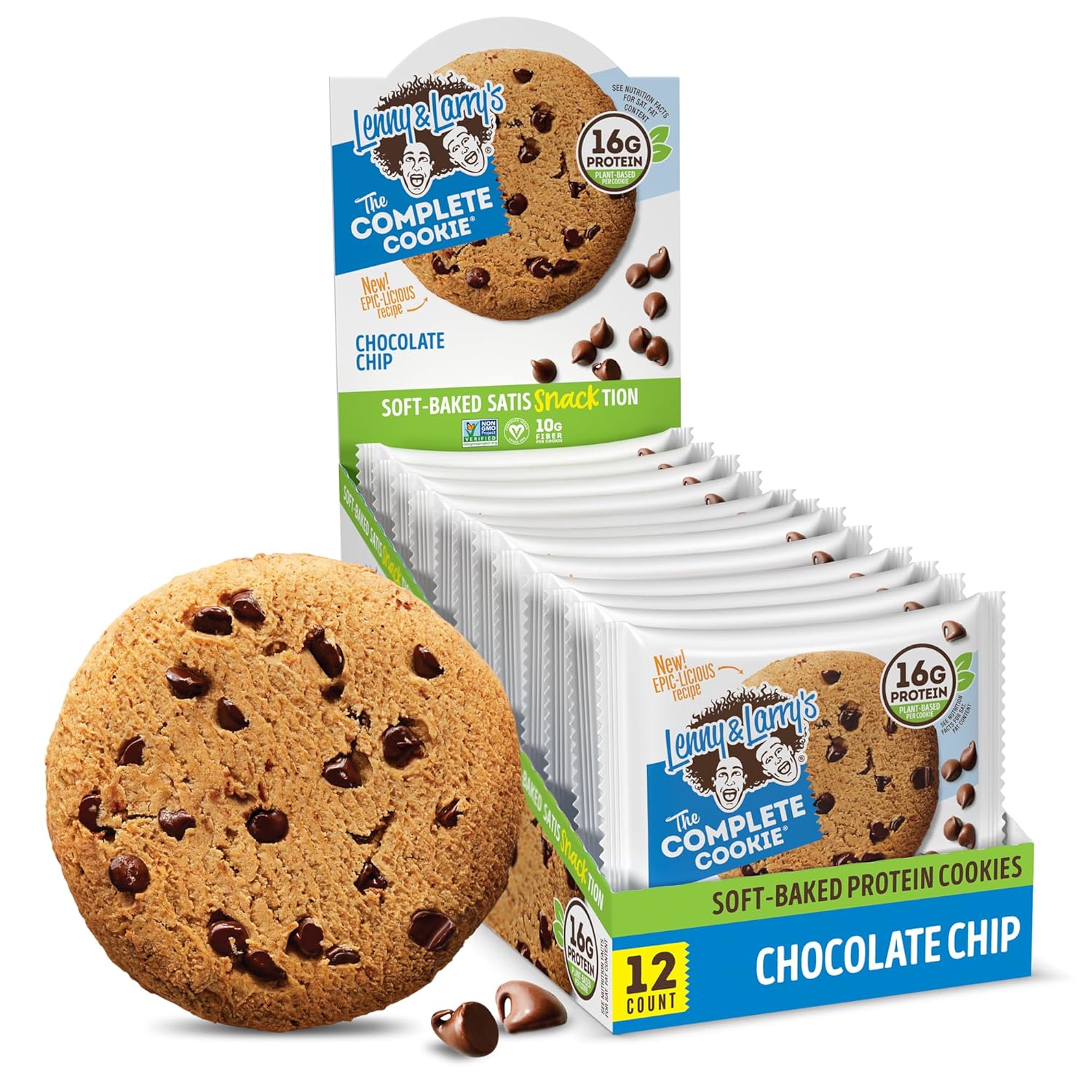Lenny & Larry's Complete Chocolate Chip Protein Cookies, soft-baked, 16g plant protein, vegan, non-GMO, high fiber, 4 oz, 12-pack