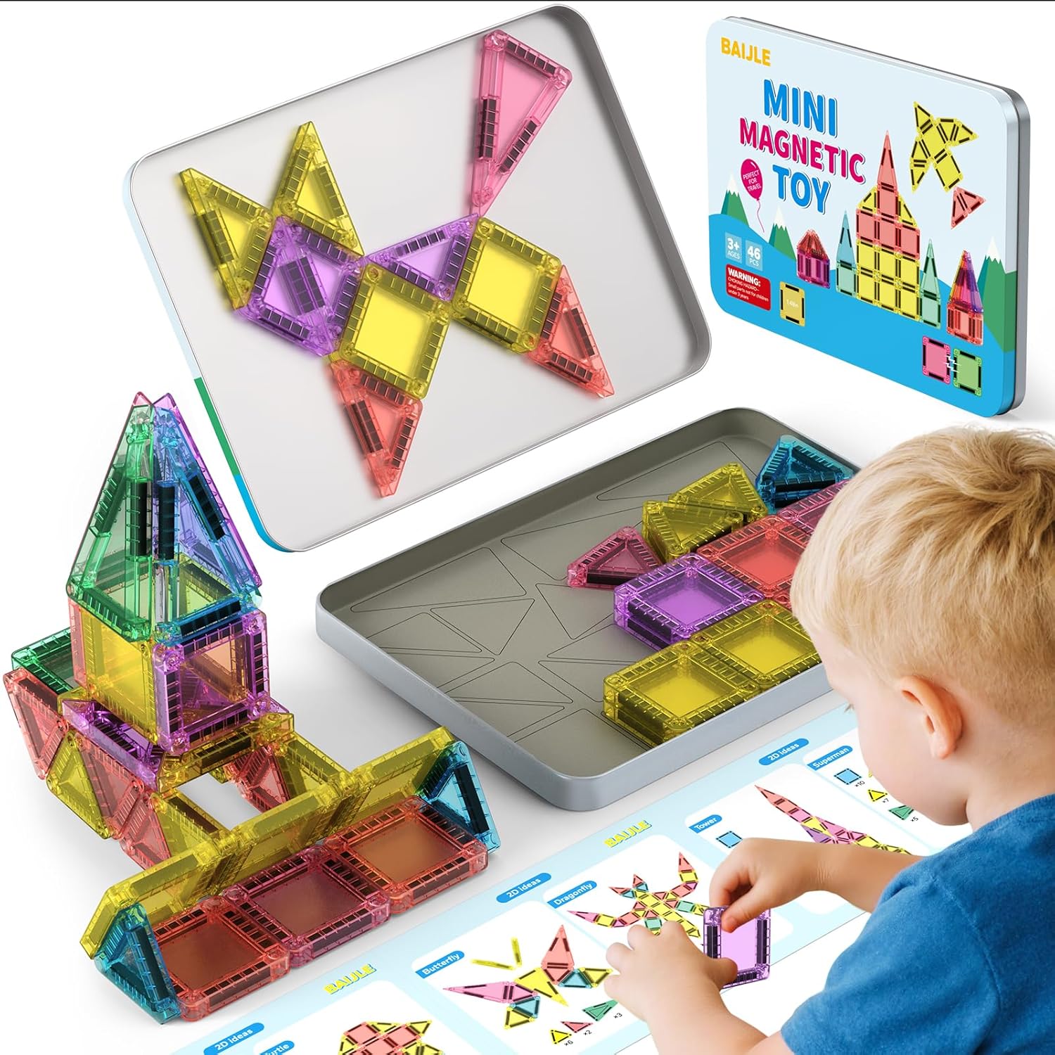 BAIJLE 46PCS Mini Magnetic Tiles, for Kids, Portable Magnetic Toys Travel Set with Iron Case for Kids Ages 4-8,Creativity Boosting Building Toys Set,Toddler Puzzle for Boys and Girls Ages 3+