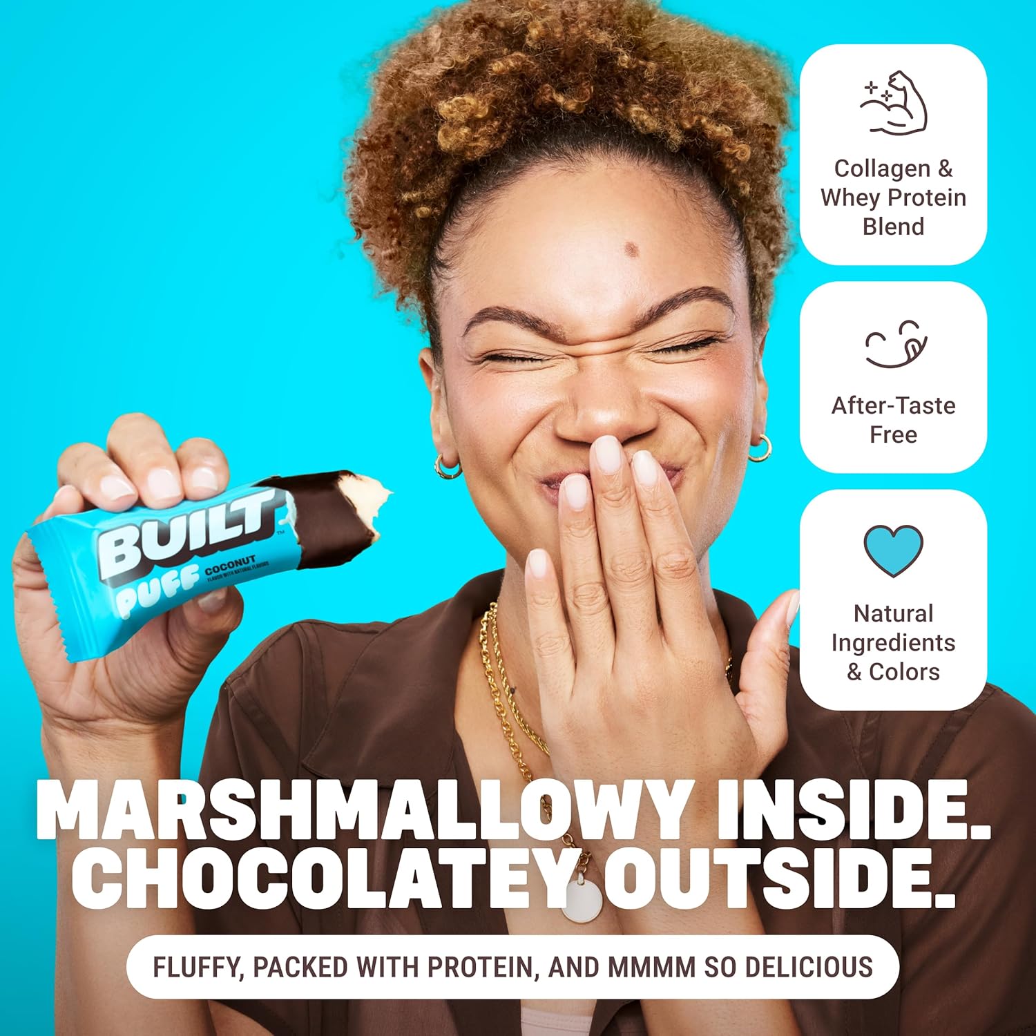 built bar coconut puff protein bars, 17g protein, 140 calories, 6g sugar, collagen, gluten free, 12 count