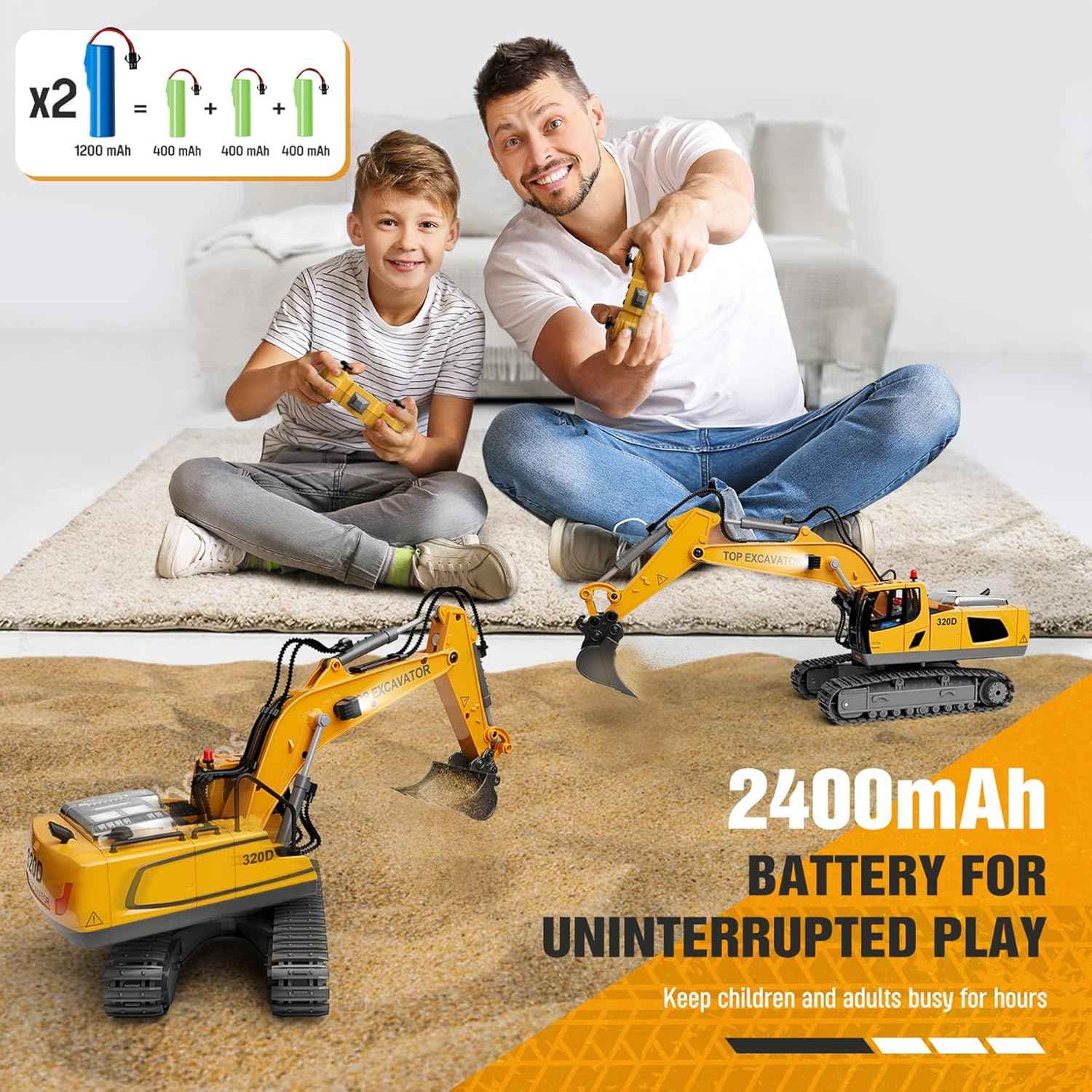 KIDMARKT Remote Control Excavator Toy for Boys | 11-Channel Metal Construction Truck with Lights, 2×1200mAh Batteries, 120-Min Playtime | RC Excavator Toys for Kids Ages 3-12, STEM Gift for Birthday
