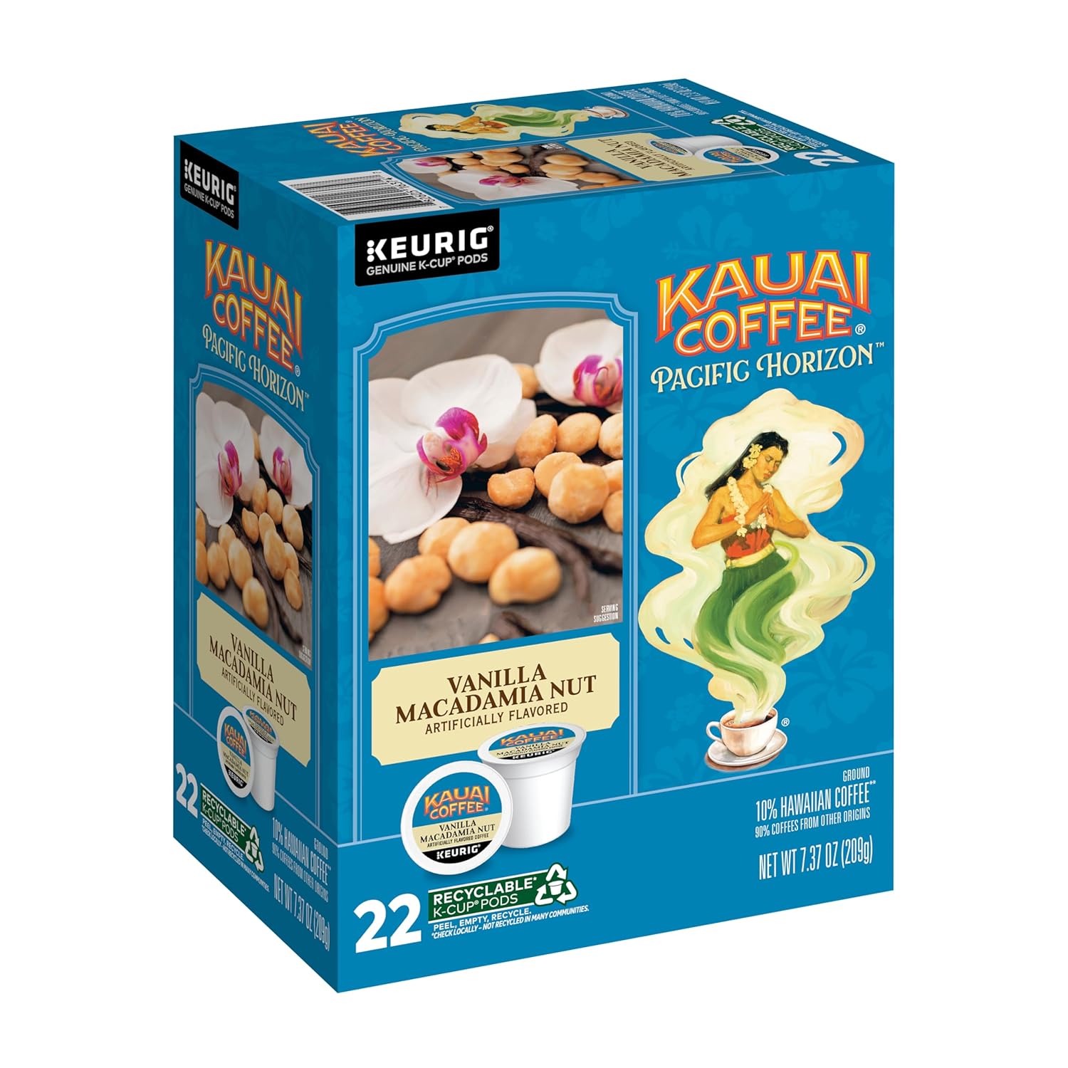 kauai coffee k-cup pods, arabica coffee, 10% hawaiian, medium roast, vanilla beans with toasted macadamia nuts, 22 count