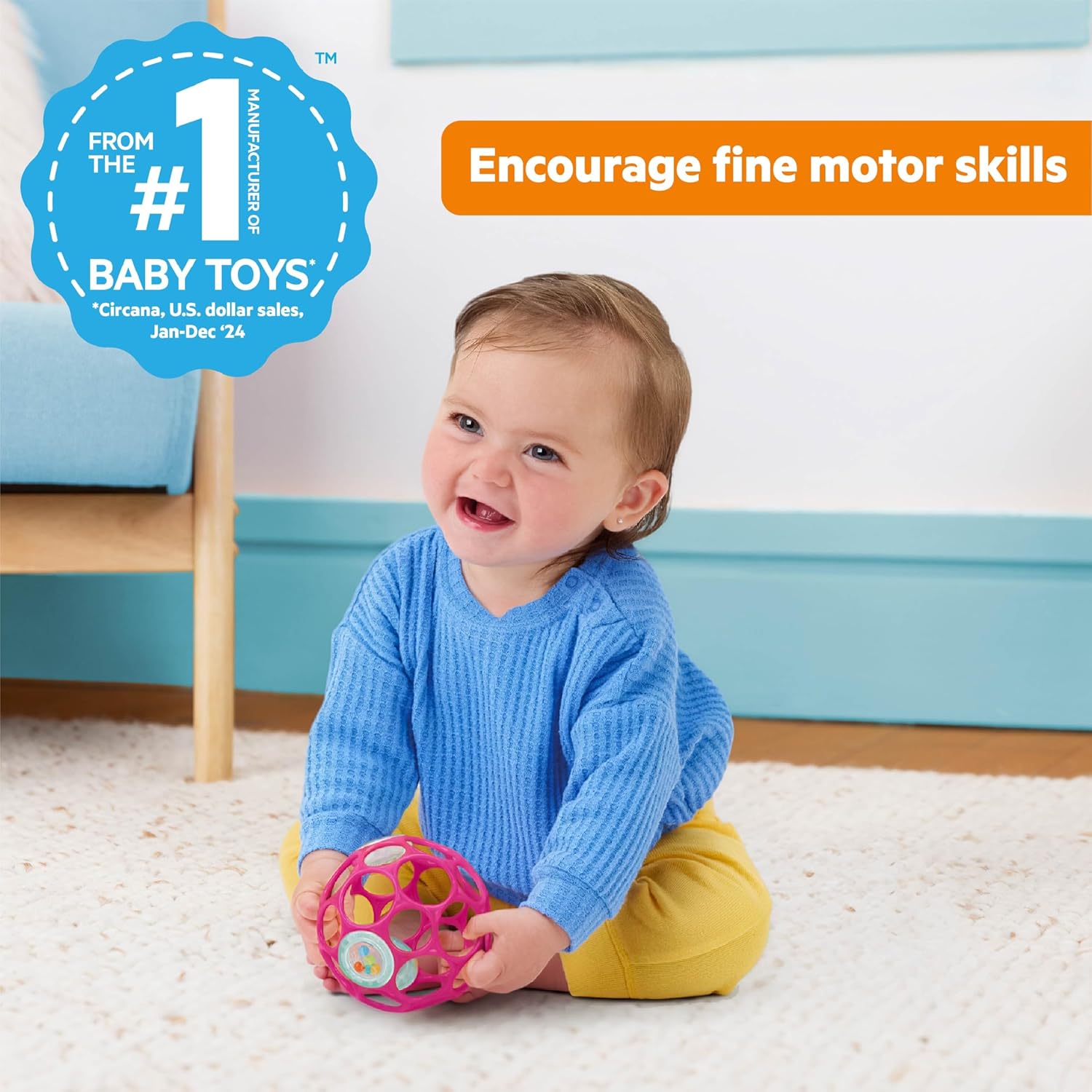 Bright Starts Oball Easy-Grasp Baby Rattle Ball, Pink, Ages Newborn and Up, 4 Inches
