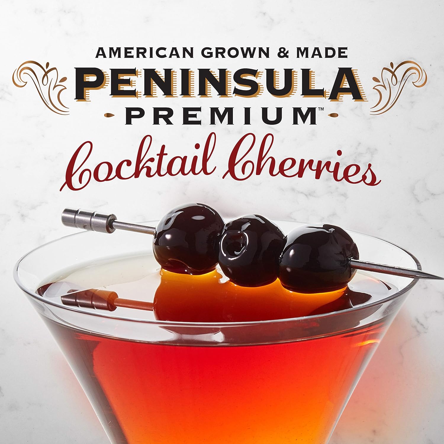 peninsula premium cocktail cherries deep burgundy-red silky smooth rich syrup gourmet american grown made 10.5 ounce