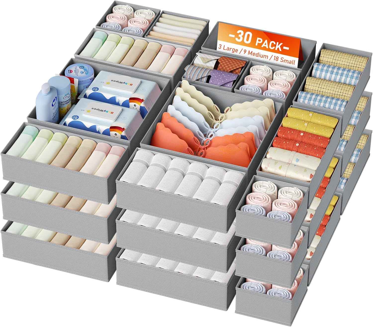 DIMJ Drawer Organizer Clothes, 12 Pack Dresser Organizer, Foldable Closet Organizers and Storage, Fabric Dresser Bins, Drawer Dividers for Nursery, Baby Clothes, Underwears, Sock (Beige)