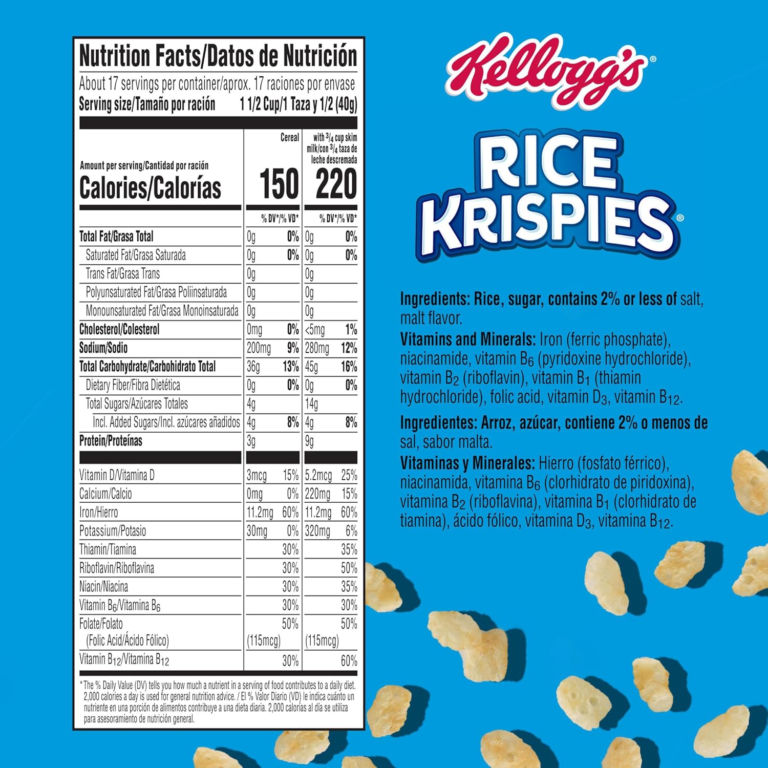 Kellogg's Original Rice Krispies Cold Breakfast Cereal, Giant Size, 24oz Box, 8 Vitamins and Minerals