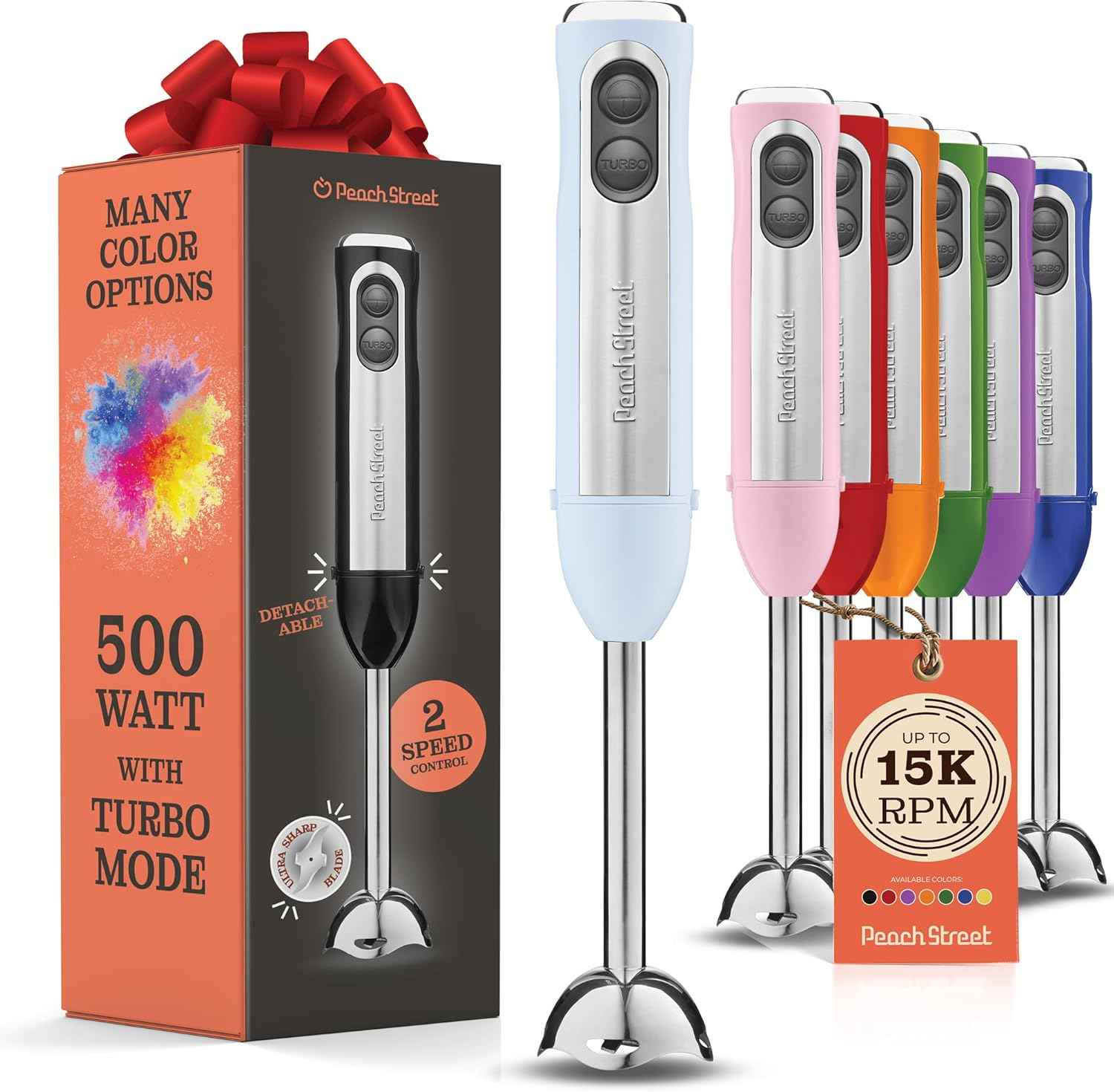 Powerful Immersion Blender, Electric Hand Blender 500 Watt with Turbo Mode, Detachable Base. Handheld Kitchen Gadget Blender Stick for Soup, Smoothie, Puree, Baby Food, 304 Stainless Steel Blades