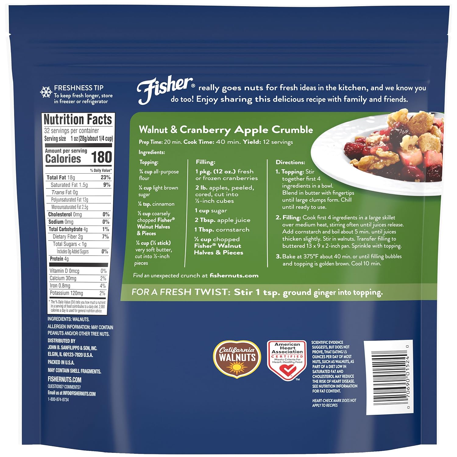 Fisher Chef's Naturals 2 lb unsalted walnuts for baking, cooking, and healthy snacks, resealable bag, vegan protein, keto snack, chopped nuts