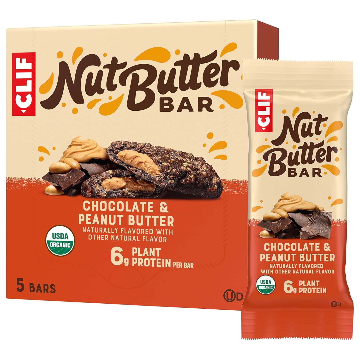 clif chocolate peanut butter energy snack bar, 1.76 oz, non-gmo, usda organic, 5 pack