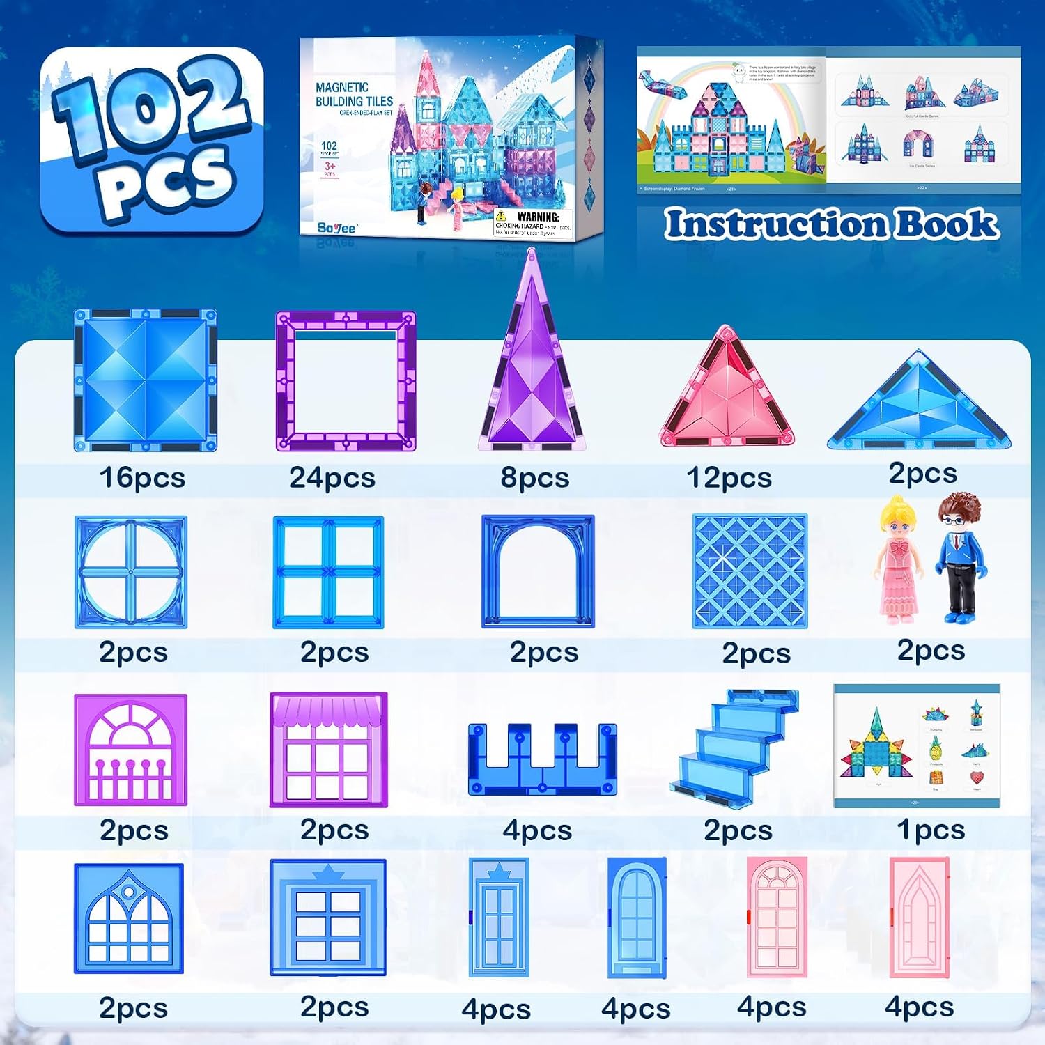 Magnetic Tiles 102pcs with 2 Stairs 2 Dolls Princess Castle Building Girls Toys Age 4-8 Magnetic Blocks Birthday Xmas Gifts for Girls Toys for 3, 8+ Year OldMagnetic Tiles 102pcs with 2 Stairs 2 Dolls Princess Castle Building Girls Toys
