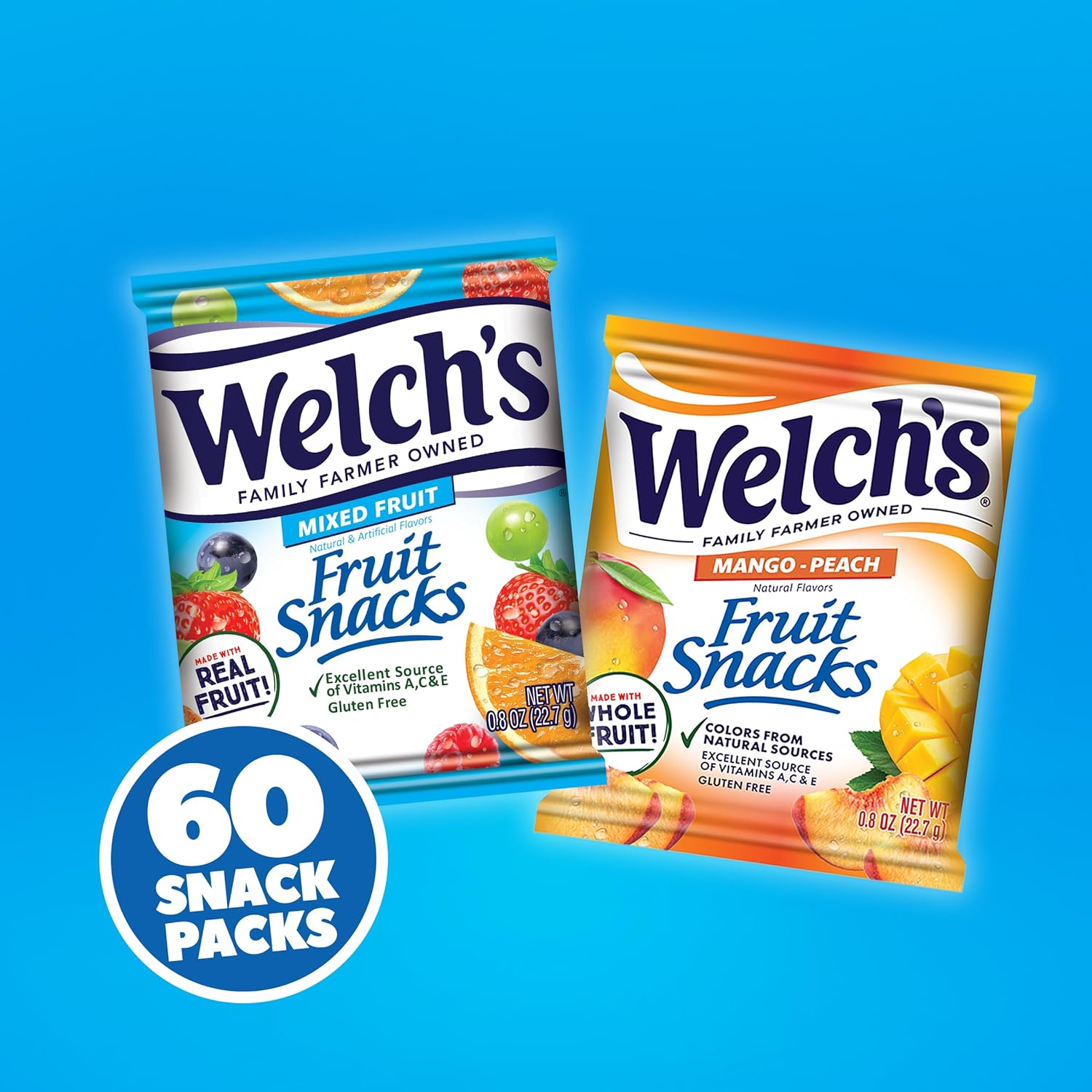 Welch's Gluten Free Mixed Fruit & Mango Peach Snack Packs, 60 x 0.8oz, Stocking Stuffers