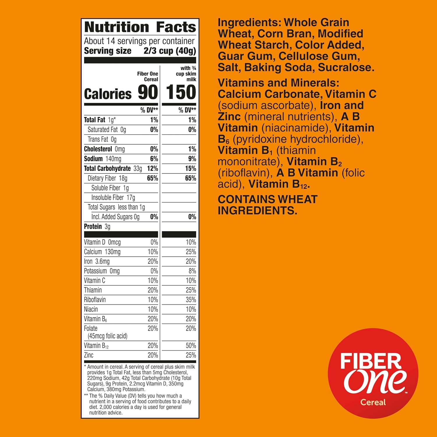 Fiber One Original Bran High Fiber Cereal, 19.6 oz, whole grain, high fiber breakfast or snack