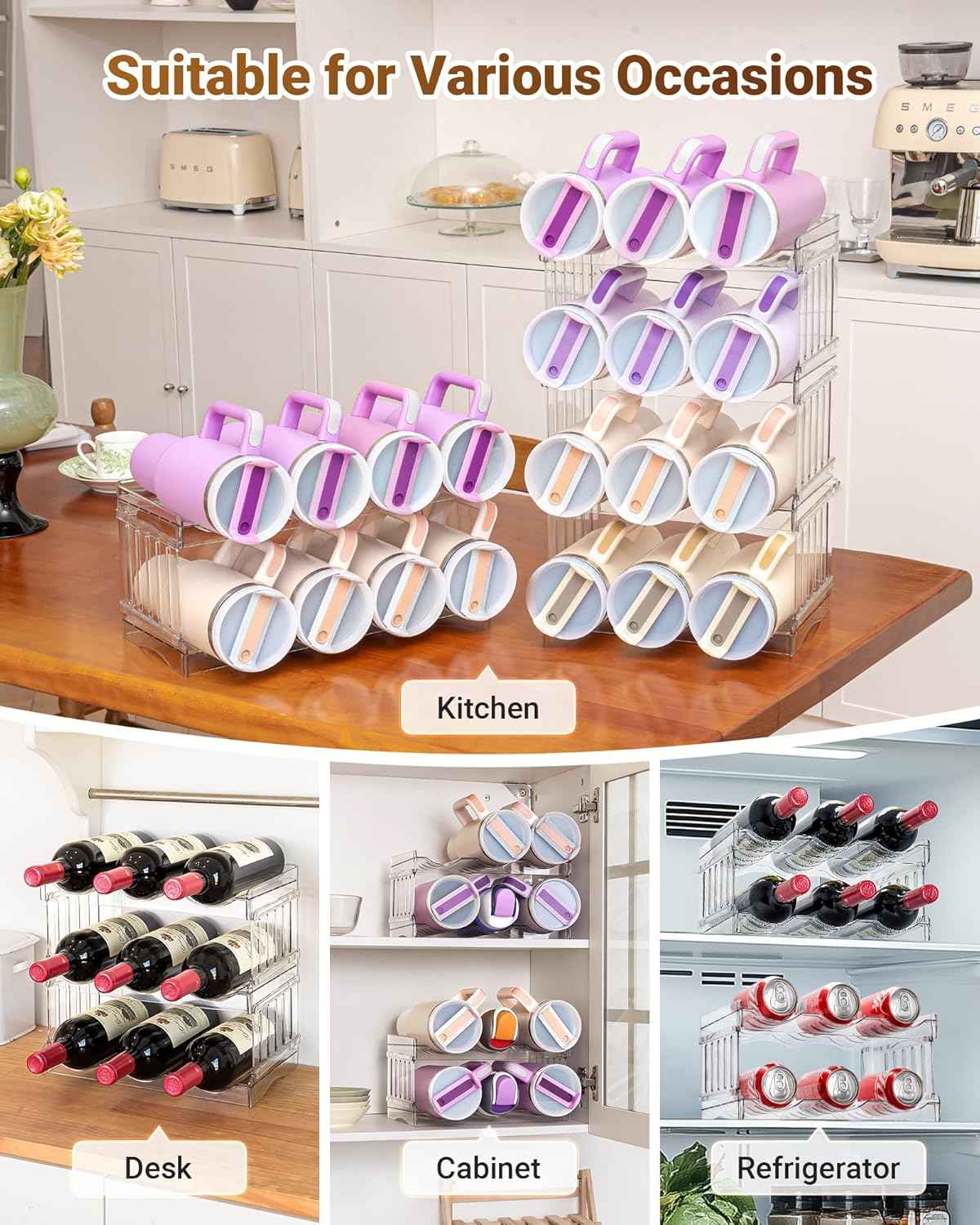 Large Tumbler Organizer for Stanley Cup 40 oz, Patented Kitchen Pantry Organizers and Storage for Stanley Cup Accessories, Stackable Water Bottle Organizer Holder Gifts 4Pack Large-12-bottle